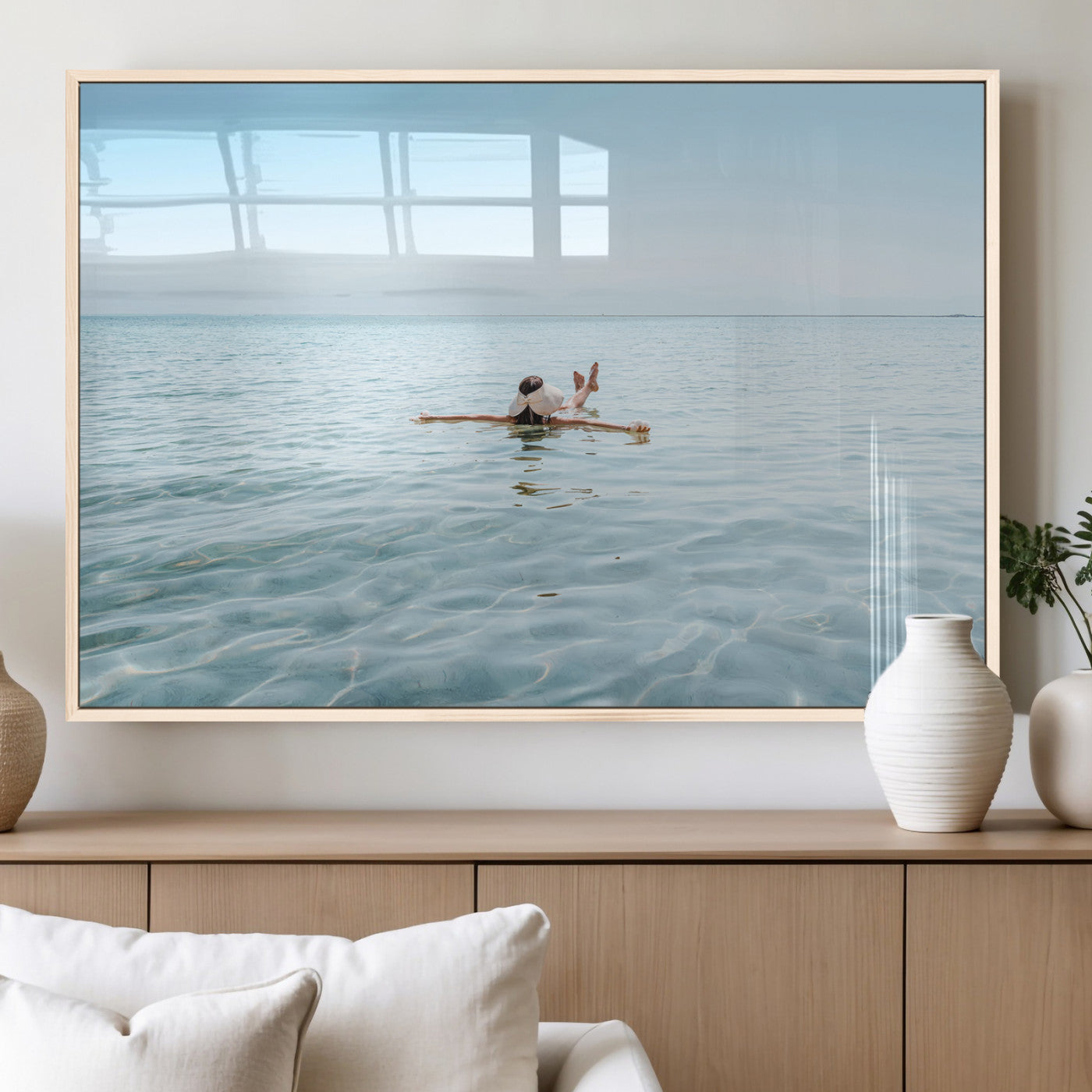 32624554-MGV-FP-60X30-3P_Natural-Swimming Relaxation Wall Art Canvas Print, Framed Peaceful Water Art Picture Print, Clear Sea Perfect Minimalist Aquatic Decor