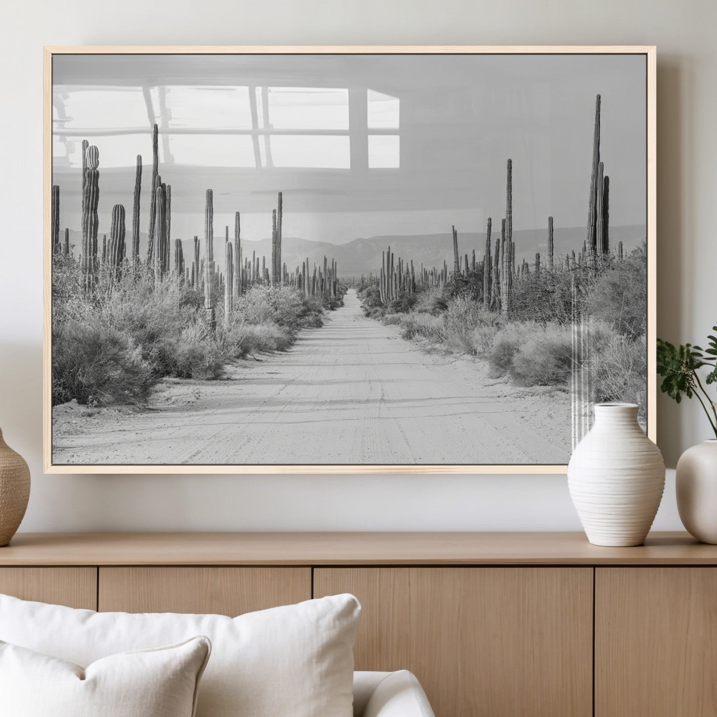 35537313-MGV-FP-60X30-3P_Natural-Monochrome Desert Wall Art Canvas Print, Framed Cactus Path Art Picture Print, Southwestern Landscape Perfect Southwestern