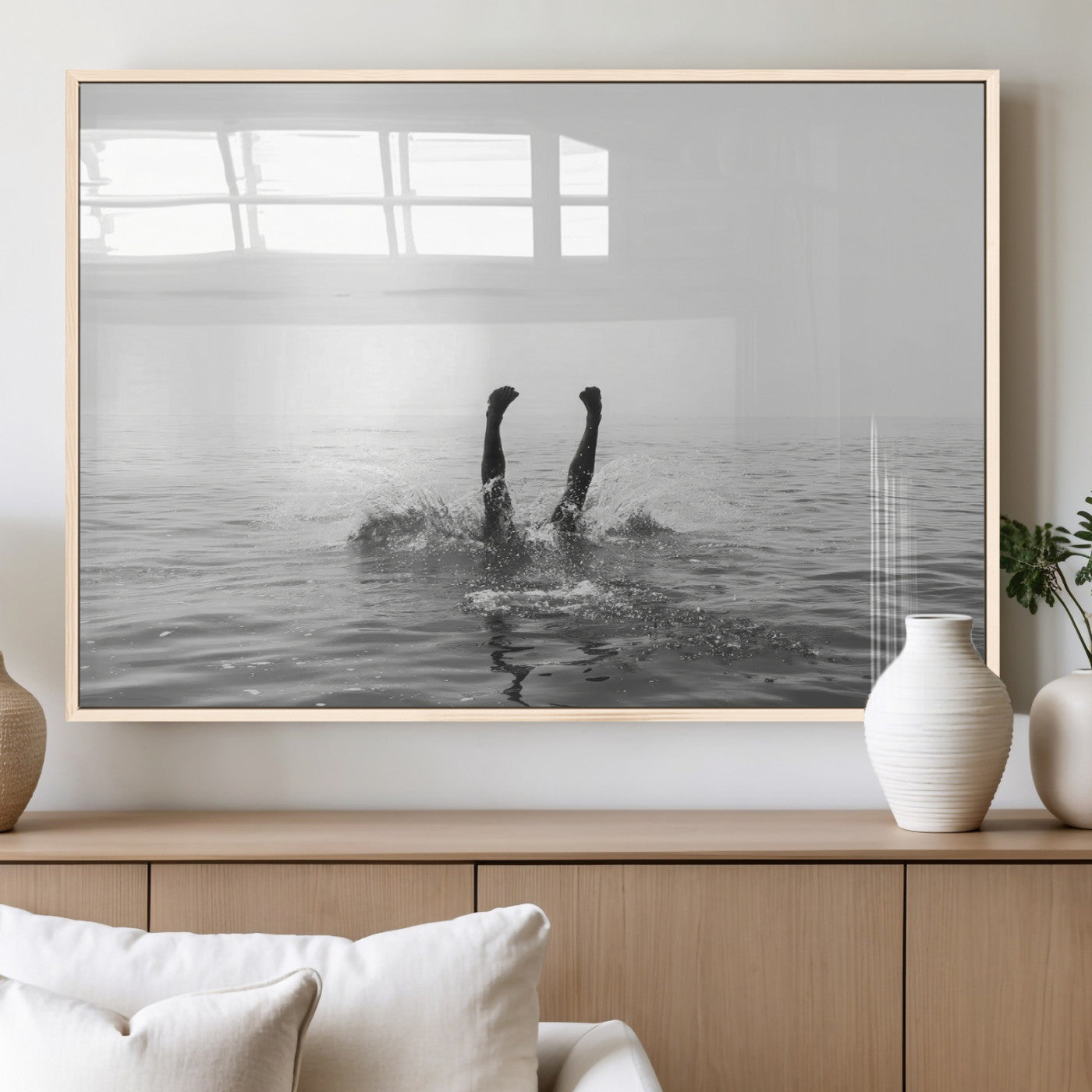 26667396-MGV-FP-36X24-3P_Natural-Black White Ocean Wall Art Canvas Print, Framed Monochrome Water Art Picture Print, Diving into Water Perfect Minimalist Aquatic