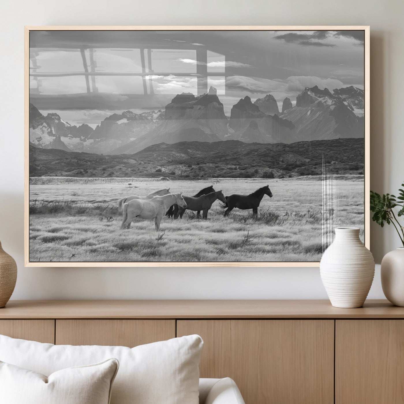 21655040-MGV-FP-60X30-3P_Natural-Wild Horses Wall Art Canvas Print, Framed Black White Mountains Art Picture Print, Rustic Countryside Perfect Rustic Western Decor