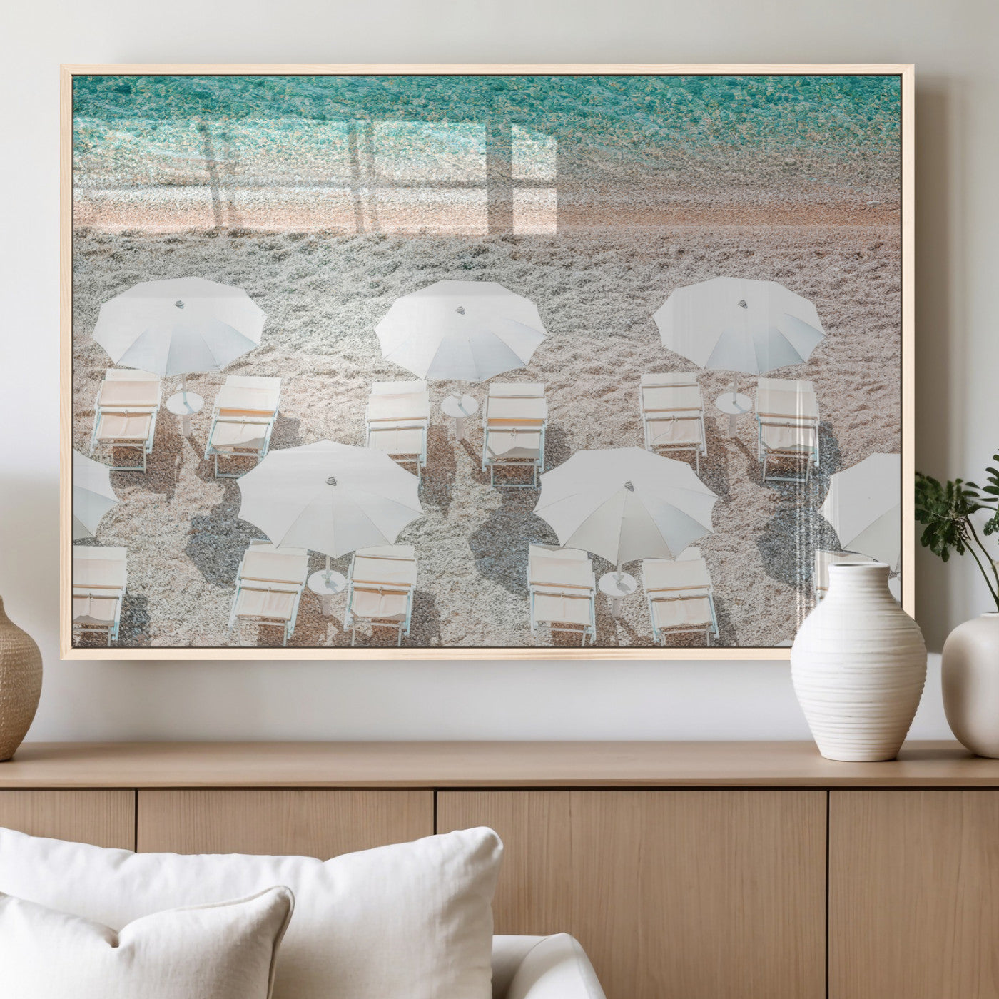 83736167-MGV-FP-60X30-3P_Natural-Calm Beach Wall Art Canvas Print, Framed Turquoise Water Art Picture Print, Umbrella Shoreline Perfect Coastal Minimalist Decor