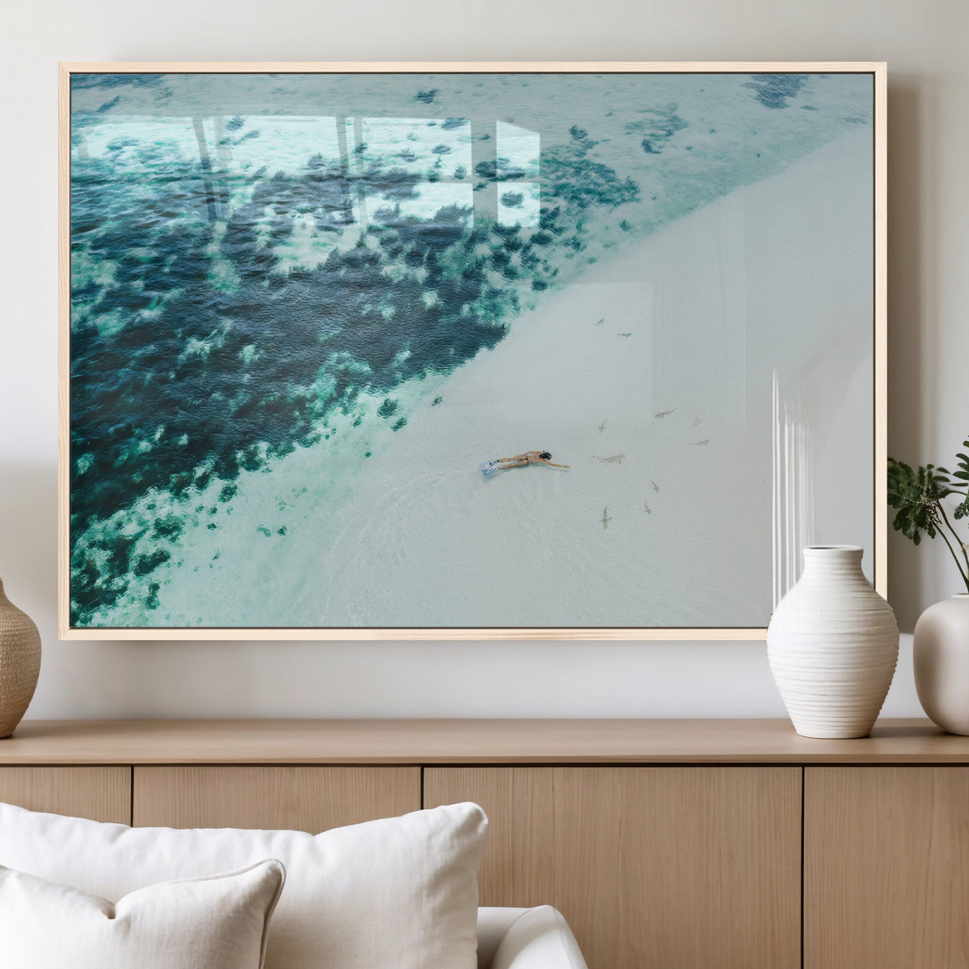 33764764-MGV-FP-60X30-3P_Natural-Minimal Beach Wall Art Canvas Print, Framed Ocean Swimming Art Picture Print, Clear Ocean Perfect Minimal Coastal Decor Artwork