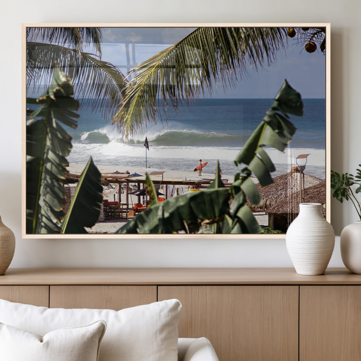 34722557-MGV-FP-60X30-3P_Natural-Tropical Shoreline Wall Art Canvas Print, Framed Surfer Beach Art Picture Print, Coastal Surf Perfect Tropical Coastal Decor