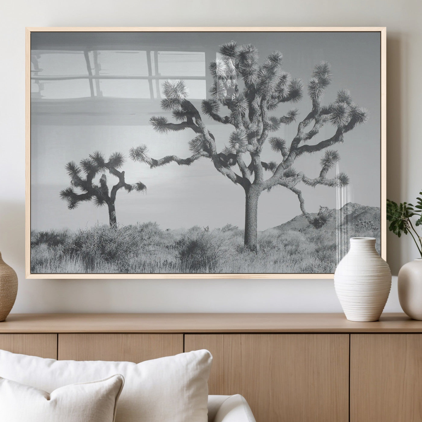 29996209-MGV-FP-36X24-3P_Natural-Joshua Tree Art Wall Art Canvas Print, Framed Black White Landscape Art Picture Print, Desert Tree Decor Perfect Southwestern Boho