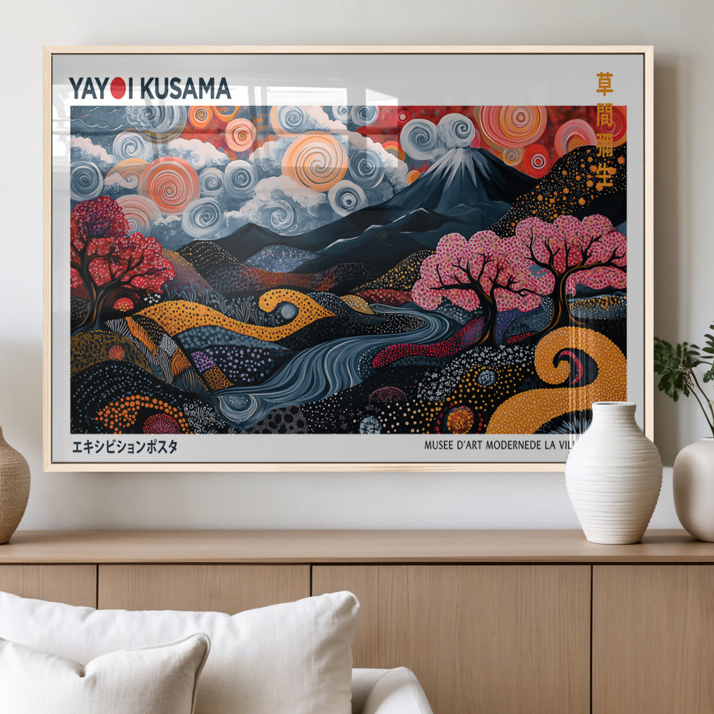 43879290-MGV-FP-36X24-3P_Natural-Japanese Abstract Wall Art – Mount Fuji Cherry Blossom Canvas Print, Modern Asian Inspired Landscape Decor for Living Room,