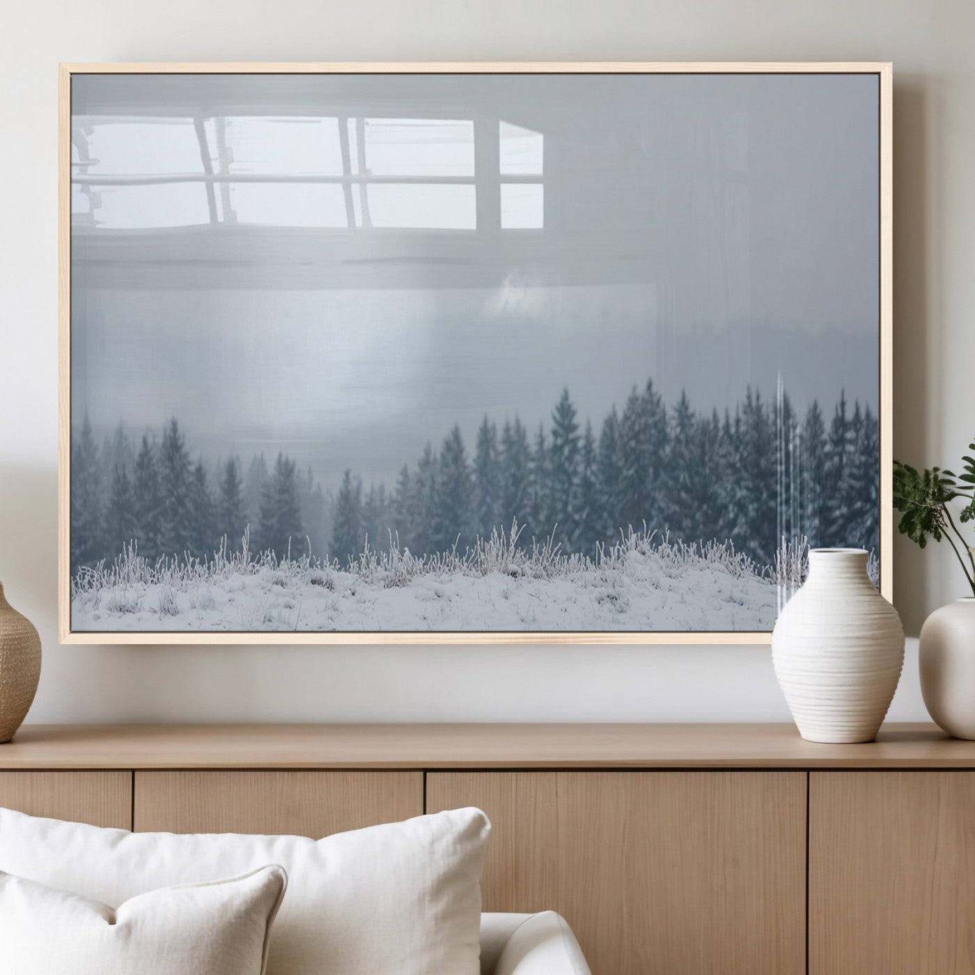 33033082-MGV-FP-36X24-3P_Natural-Winter Forest Art Wall Art Canvas Print, Framed Snowy Landscape Art Picture Print, Misty Tree Scene Perfect Nordic Minimalist
