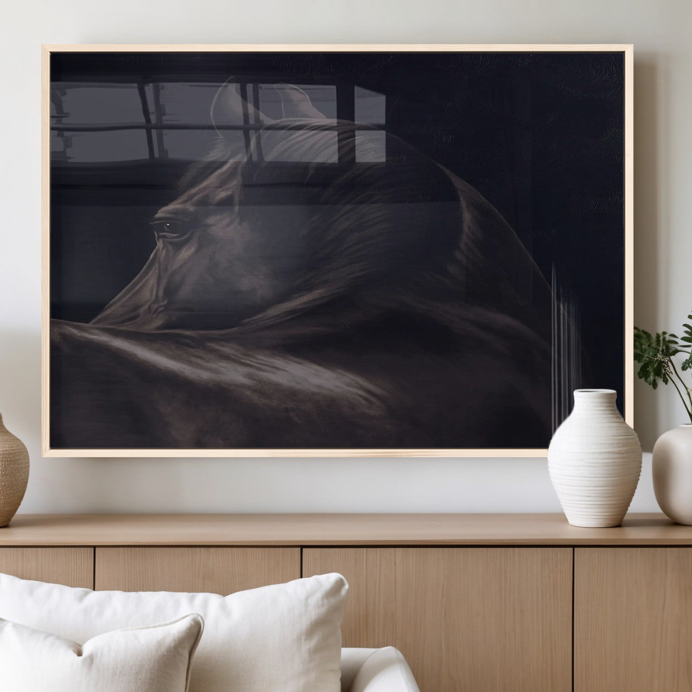 67026880-MGV-FP-60X30-3P_Natural-Black Horse Portrait Wall Art Canvas Print, Framed Moody Horse Decor Art Picture Print, Equestrian Wall Style Perfect Masculine