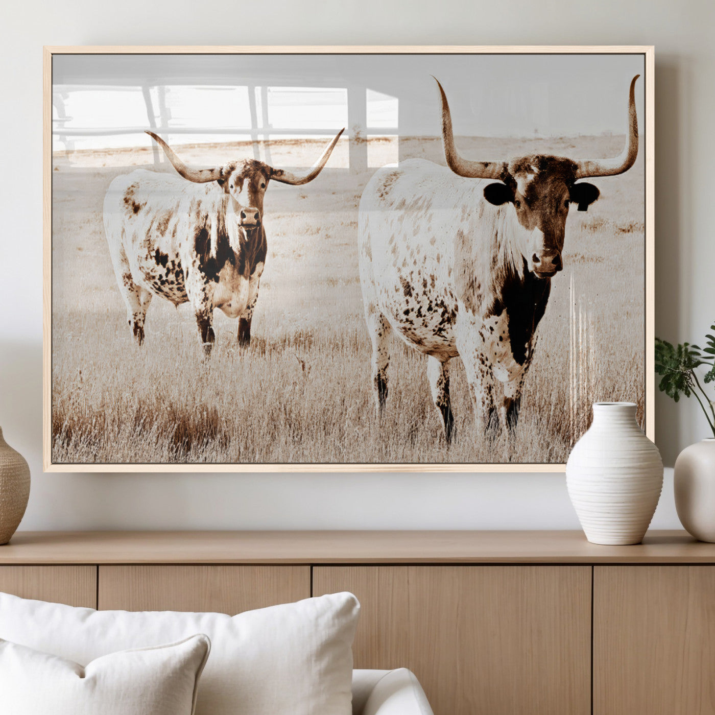 39672786-MGV-FP-60X30-3P_Natural-Rustic Cow Scene Wall Art Canvas Print, Framed Farmhouse Style Cattle Art Picture Print, Prairie Animal Duo Perfect Rustic Western