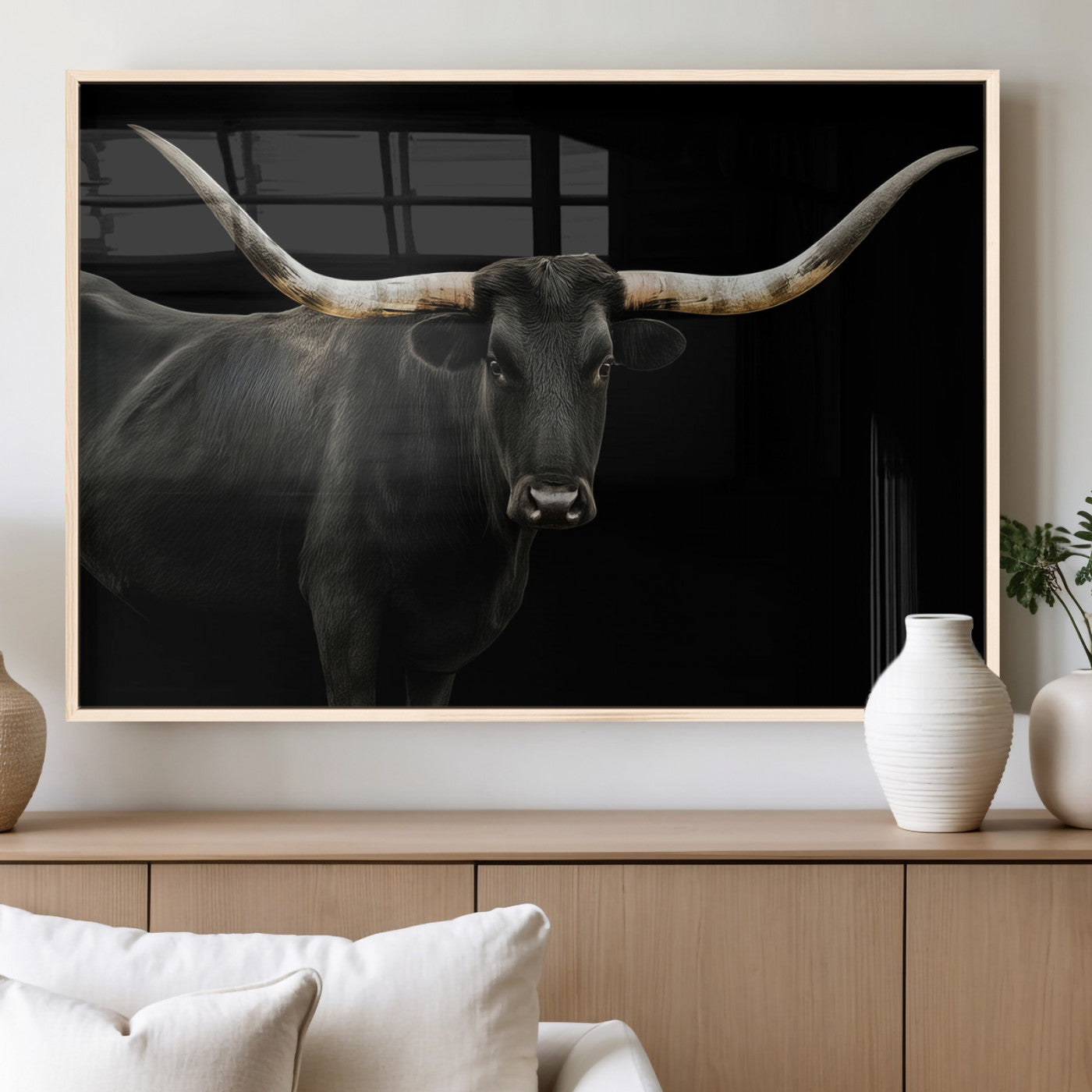 23572907-MGV-FP-60X30-3P_Natural-Texas Longhorn Wall Art Canvas Print, Framed Rustic Western Decor Art Picture Print, Farmhouse Animal Perfect Modern Western