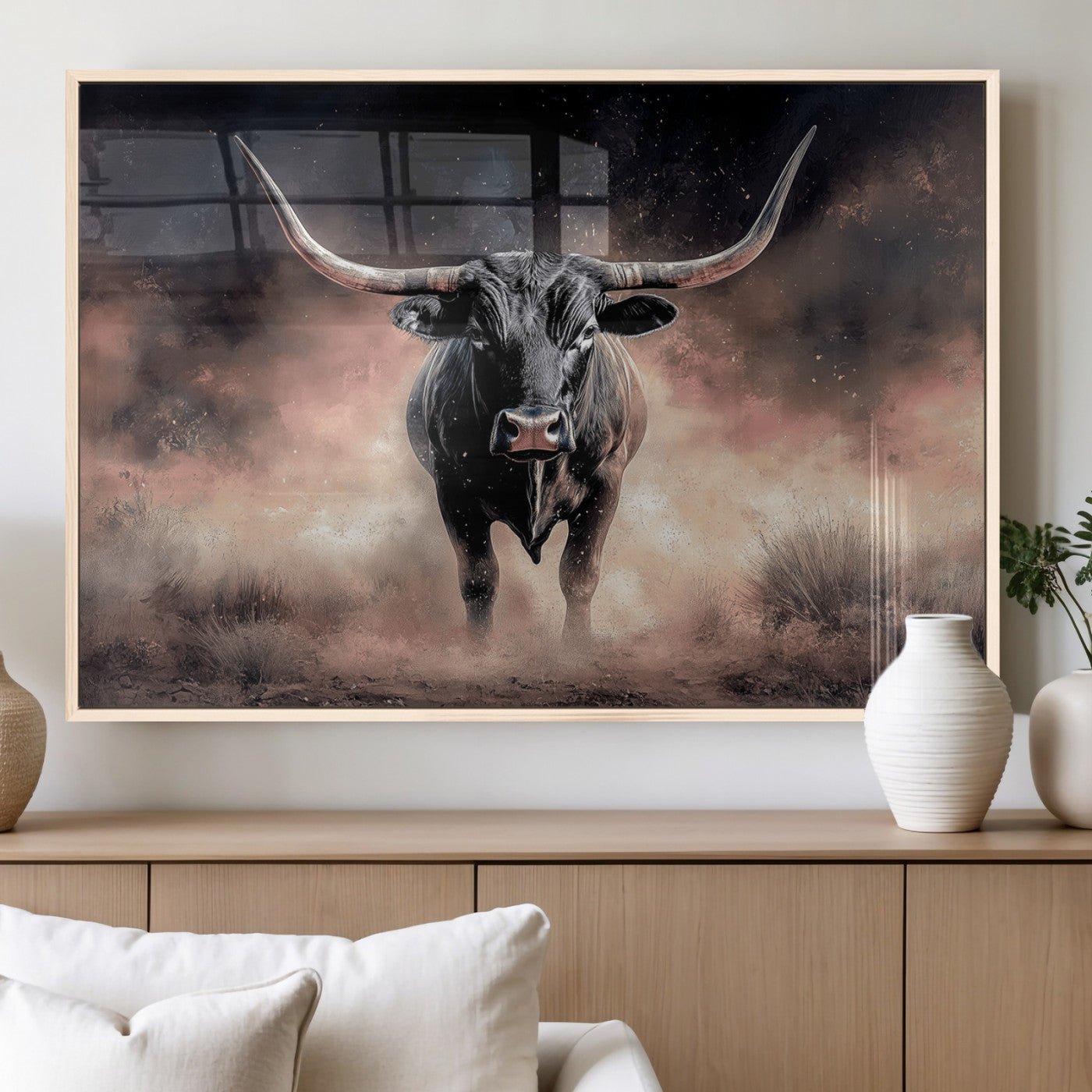 71457818-MGV-FP-36X24-3P_Natural-Longhorn Wall Art Wall Art Canvas Print, Framed Western Bull Canvas Art Picture Print, Rustic Cow Decor Perfect Western Dramatic