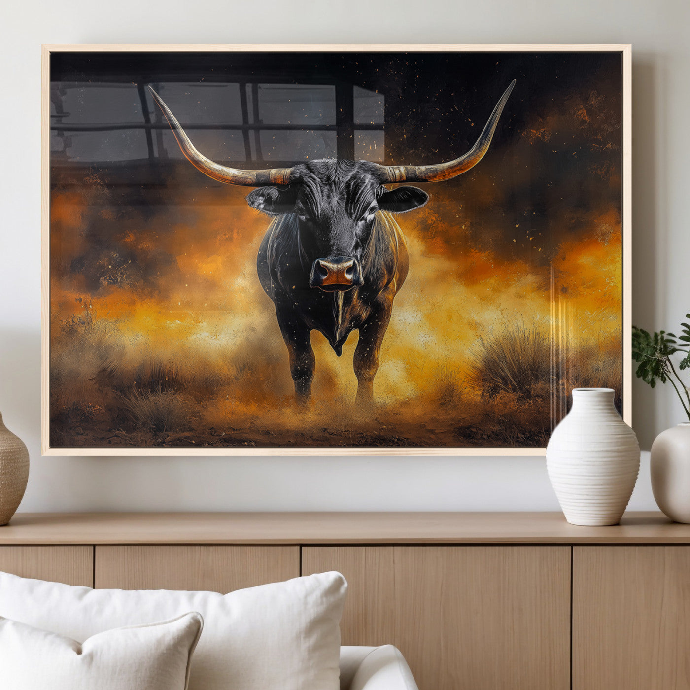 58293979-MGV-FP-36X24-3P_Natural-Longhorn Canvas Wall Art Canvas Print, Framed Bold Bull Wall Art Art Picture Print, Western Animal Decor Perfect Western Dramatic