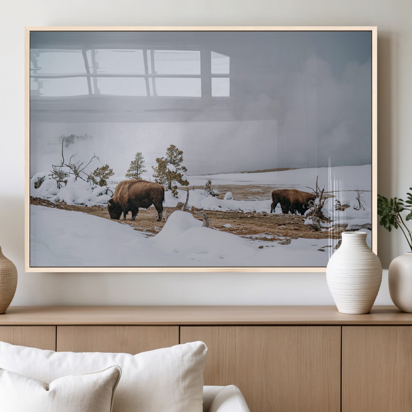 60308289-MGV-FP-36X24-3P_Natural-Bison Wildlife Wall Art Canvas Print, Framed Snowy Prairie Art Picture Print, Western Landscape Perfect Rustic Winter Decor