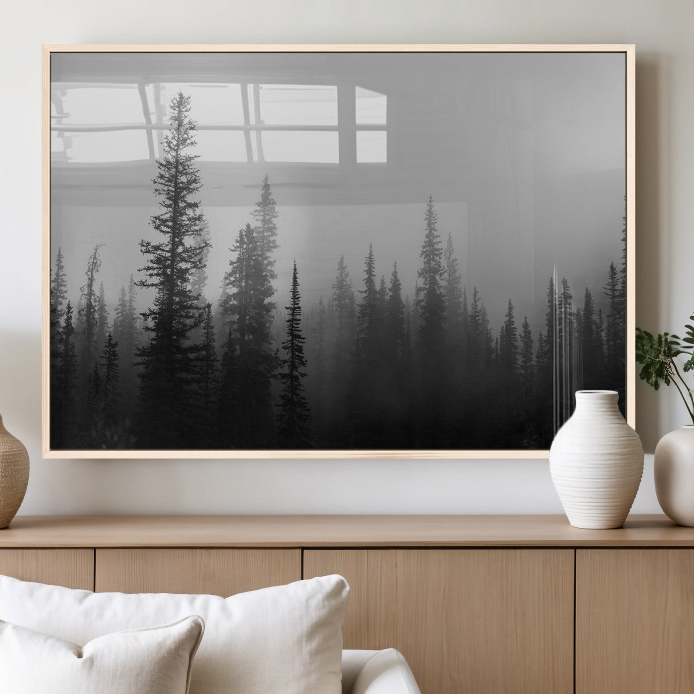 73138900-MGV-FP-36X24-3P_Natural-Misty Pines Wall Art Canvas Print, Framed Woodland Photography Art Picture Print, Minimalist Decor Perfect Modern Rustic Decor