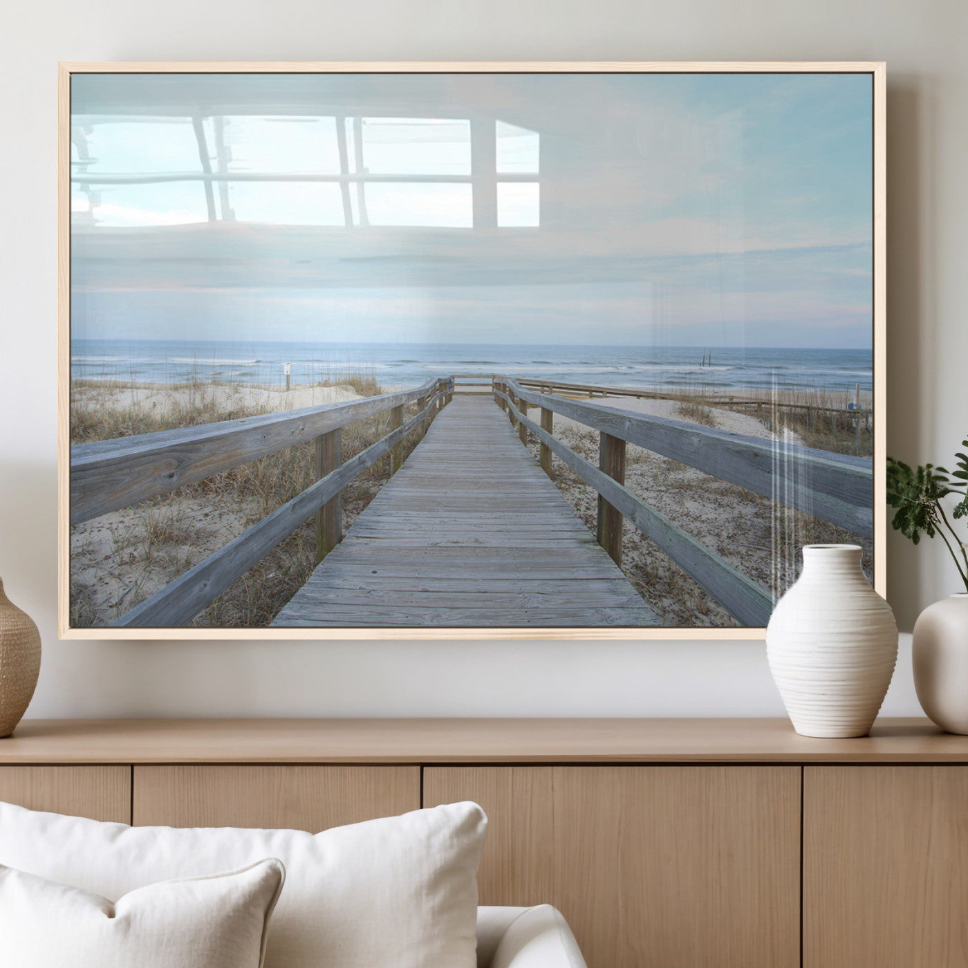 31602988-MGV-FP-36X24-3P_Natural-Beach Boardwalk Wall Art Canvas Print, Framed Coastal Serenity Art Picture Print, Ocean View Perfect Coastal Minimalist Decor