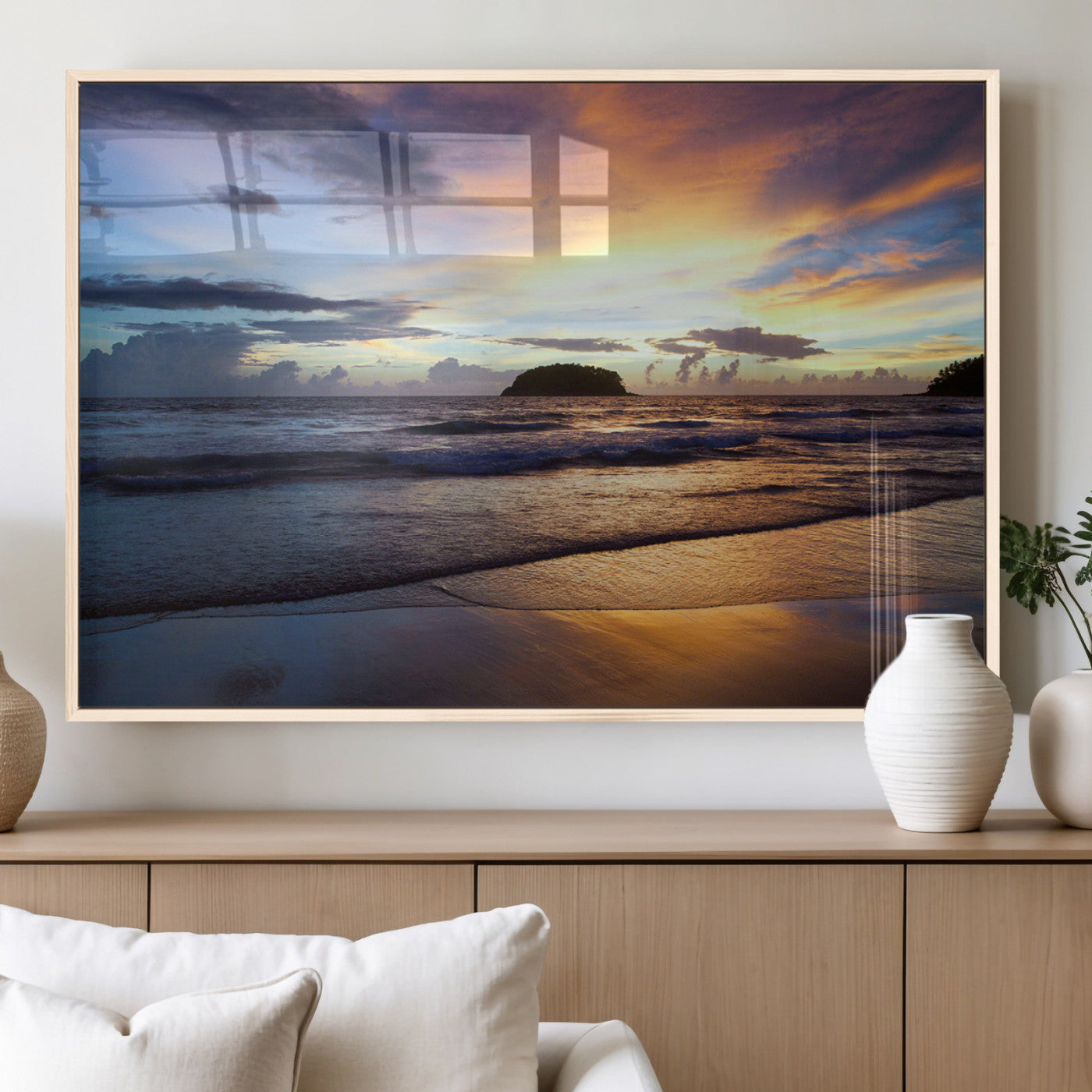36714356-MGV-FP-36X24-3P_Natural-Beach Sunset Wall Art Canvas Print, Framed Ocean Waves Art Picture Print, Tropical Seascape Perfect Coastal Serenity Decor Artwork