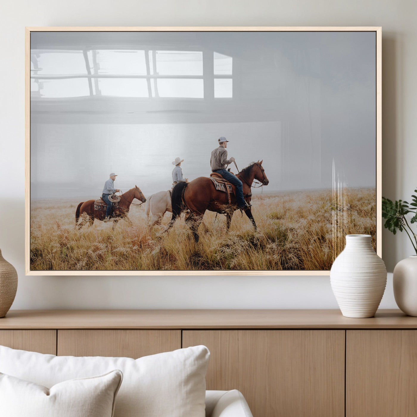 94723307-MGV-FP-36X24-3P_Natural-Western Cowboys Wall Art Canvas Print, Framed Rustic Prairie Art Picture Print, Horseback Riding Perfect Rustic Western Decor