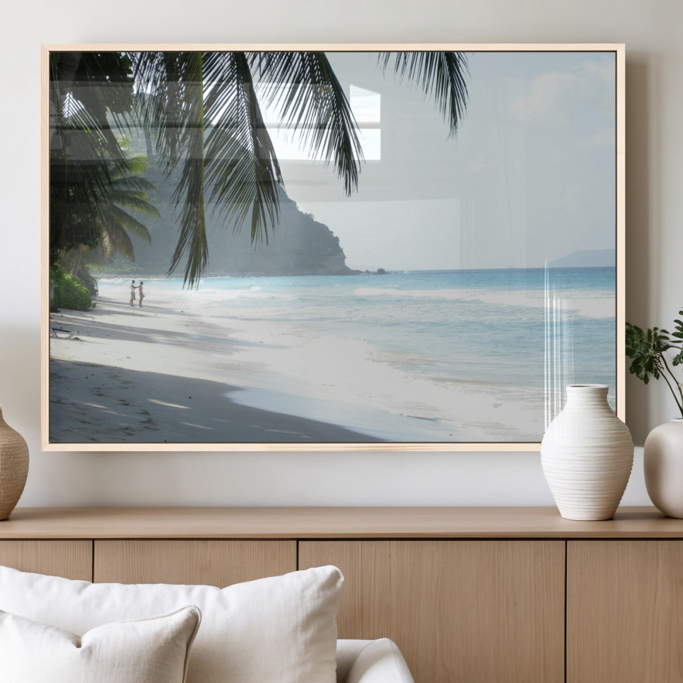 18311030-MGV-FP-36X24-3P_Natural-Tropical Beach Wall Art Canvas Print, Framed Serene Ocean Art Picture Print, Palm Tree Shadows Perfect Tropical Coastal Decor