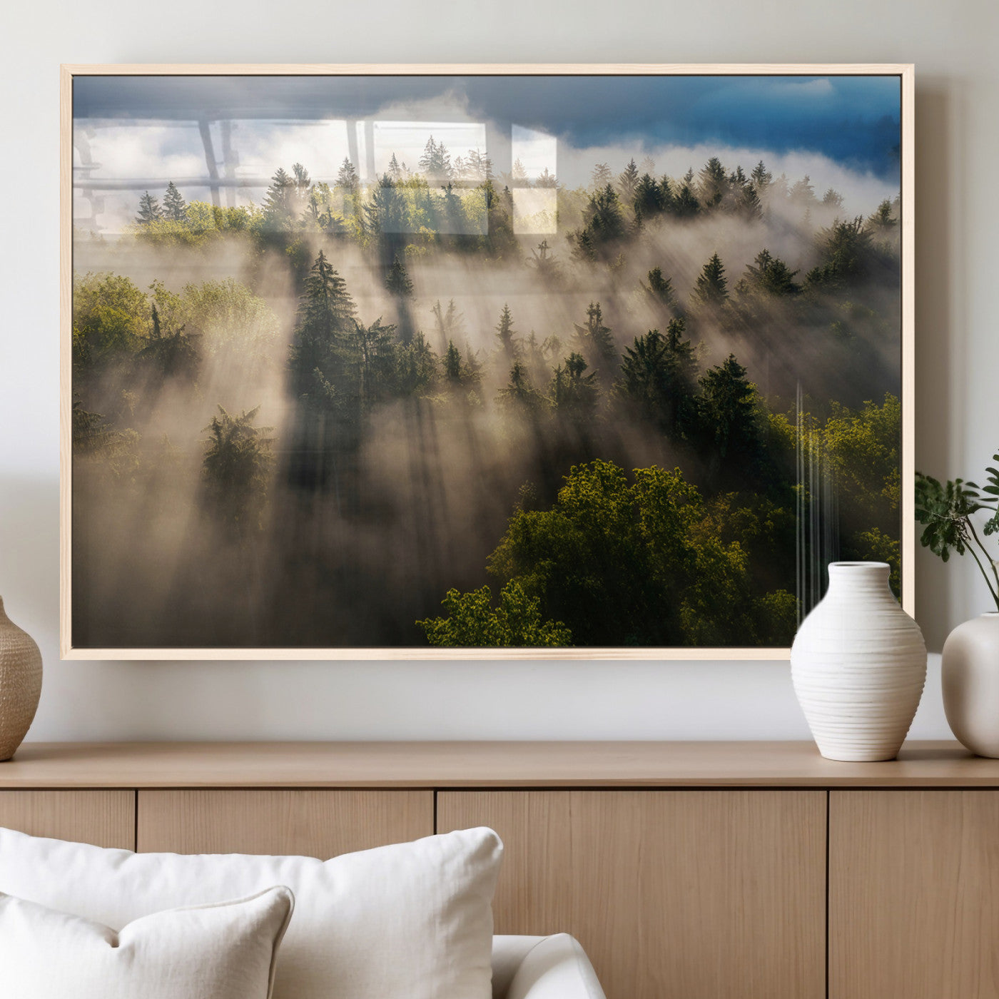 14785710-MGV-FP-36X24-3P_Natural-Tranquil Forest Scene Wall Art Canvas Print, Framed Sunbeam Through Trees Art Picture Print, Moody Green Wall Art Perfect