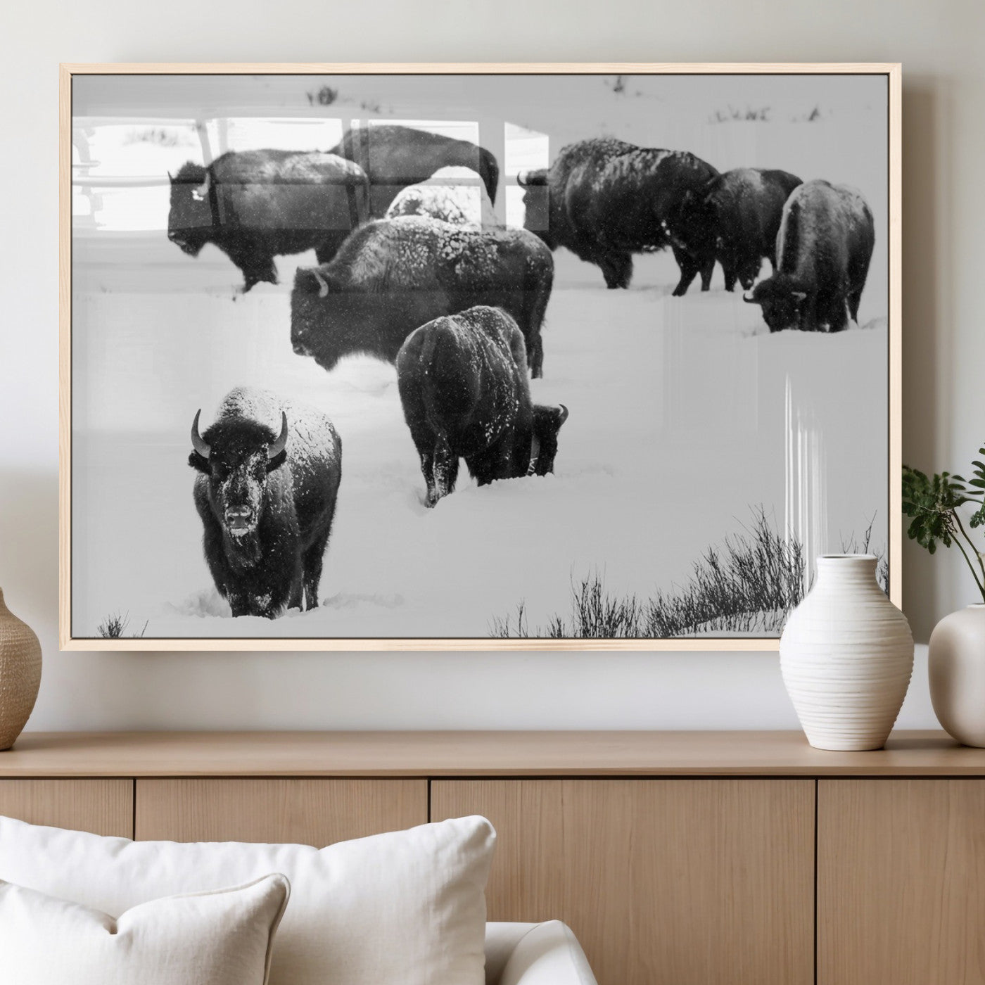 18914414-MGV-FP-36X24-3P_Natural-Buffalo Herd Wall Art Canvas Print, Framed Black and White Art Picture Print, Snowy Landscape Perfect Rustic Lodge Decor Decor