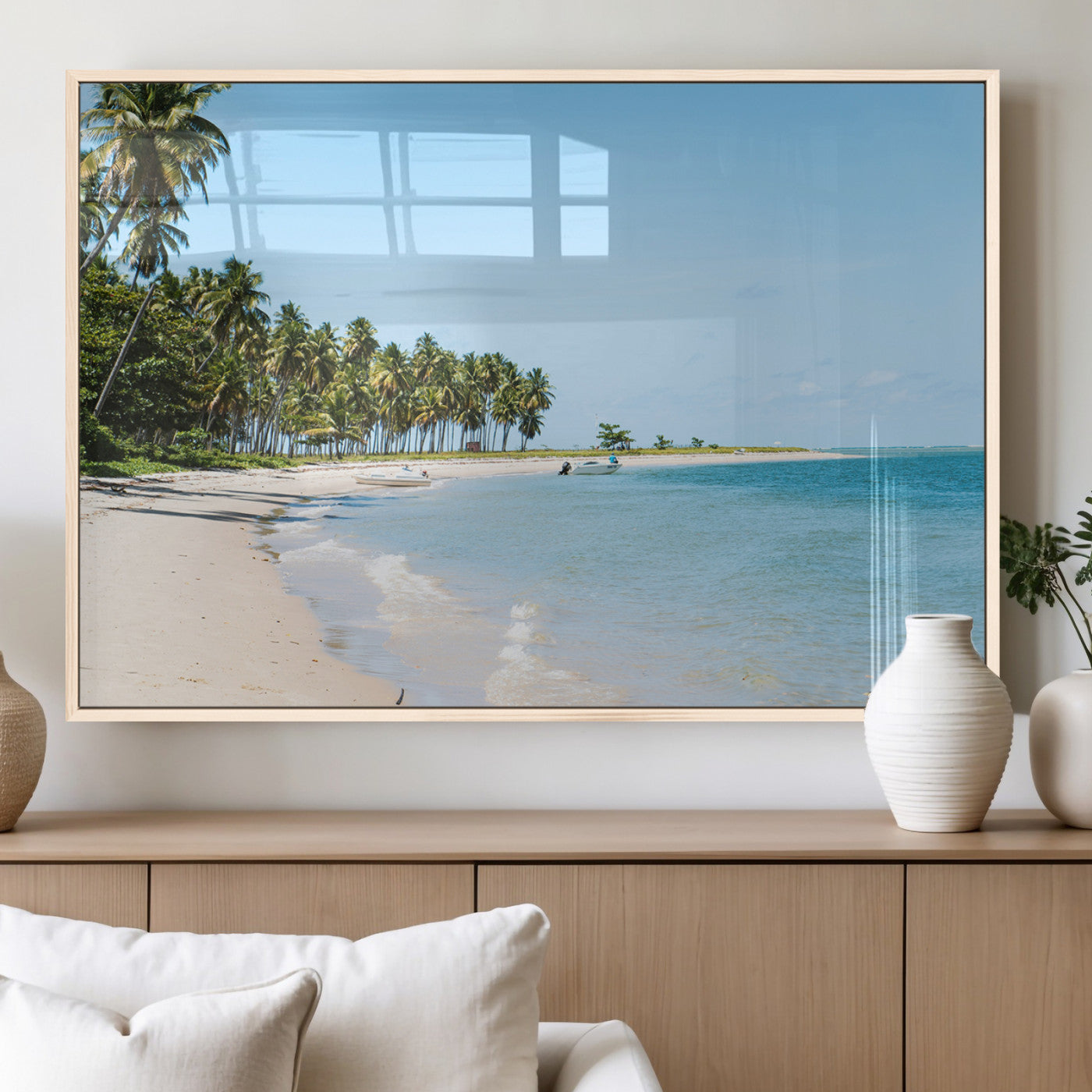37858872-MGV-FP-36X24-3P_Natural-Palm Tree Coast Wall Art Canvas Print, Framed Island Getaway Art Picture Print, Crystal Blue Water Perfect Tropical Coastal Decor