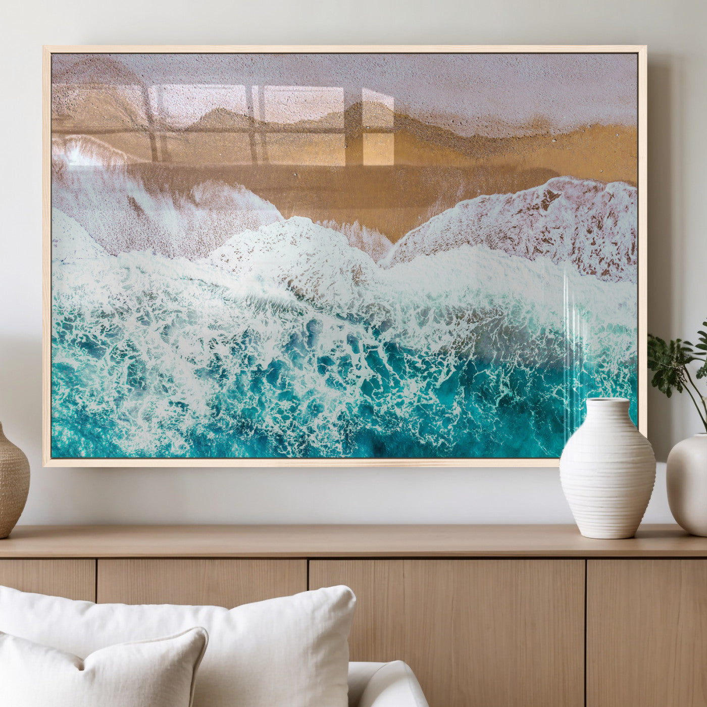 26870666-MGV-FP-36X24-3P_Natural-Aerial Beach Wall Art Canvas Print, Framed Ocean Waves Art Picture Print, Coastal Landscape Perfect Coastal Minimalist Decor