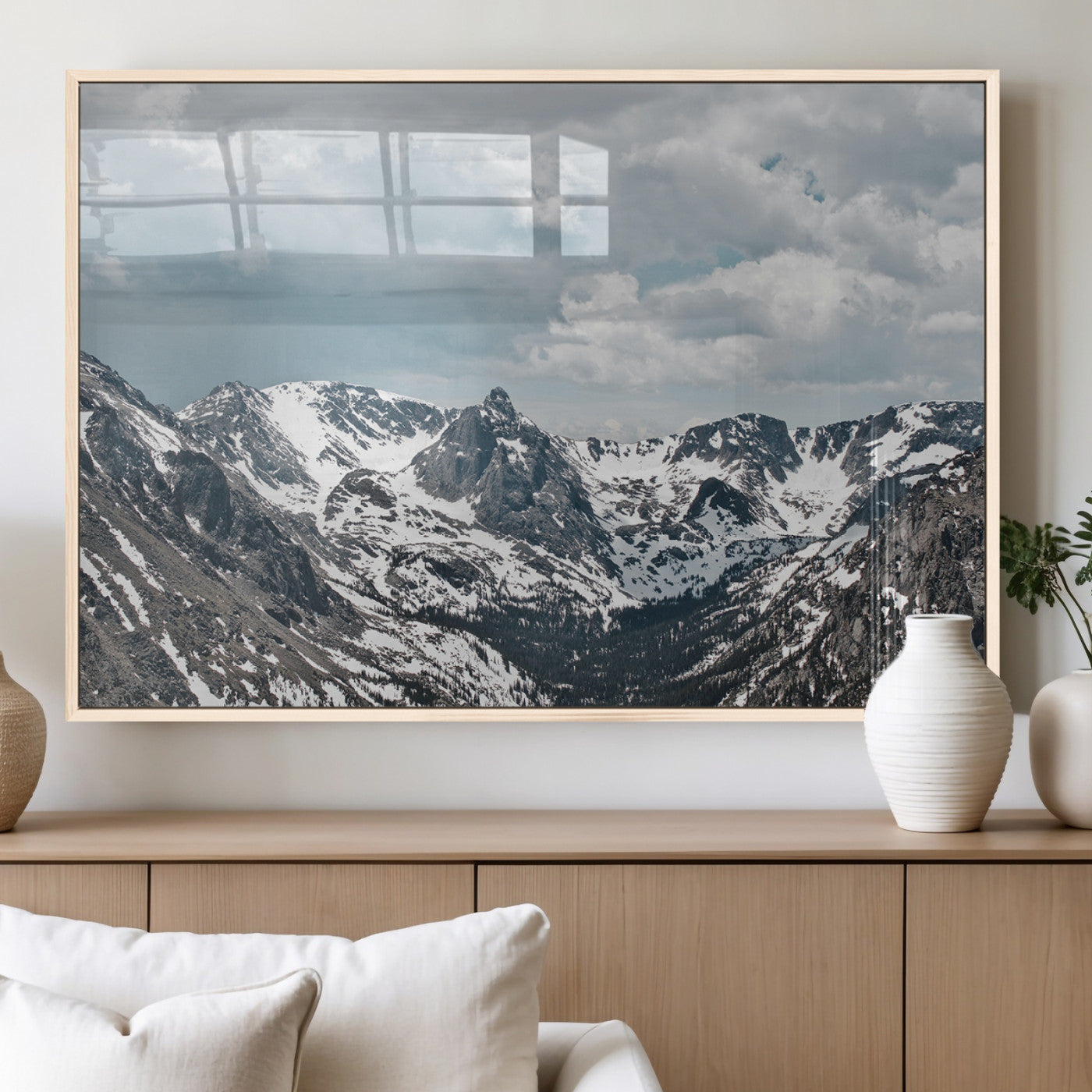 94074619-MGV-FP-36X24-3P_Natural-Snowy Peaks Wall Art Canvas Print, Framed Alpine Wilderness Art Picture Print, Mountain Escape Perfect Winter Serenity Decor