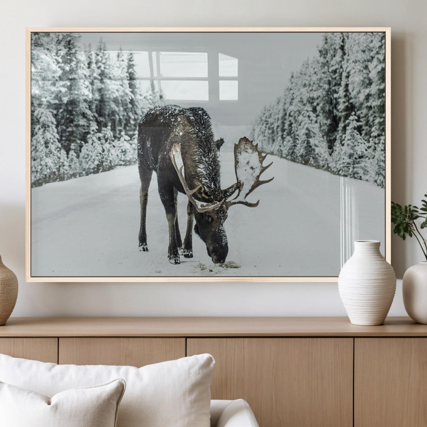 13316292-MGV-FP-60X30-3P_Natural-Moose in Snow Wall Art Canvas Print, Framed Winter Wildlife Art Picture Print, Snowy Forest Scene Perfect Rustic Lodge Decor