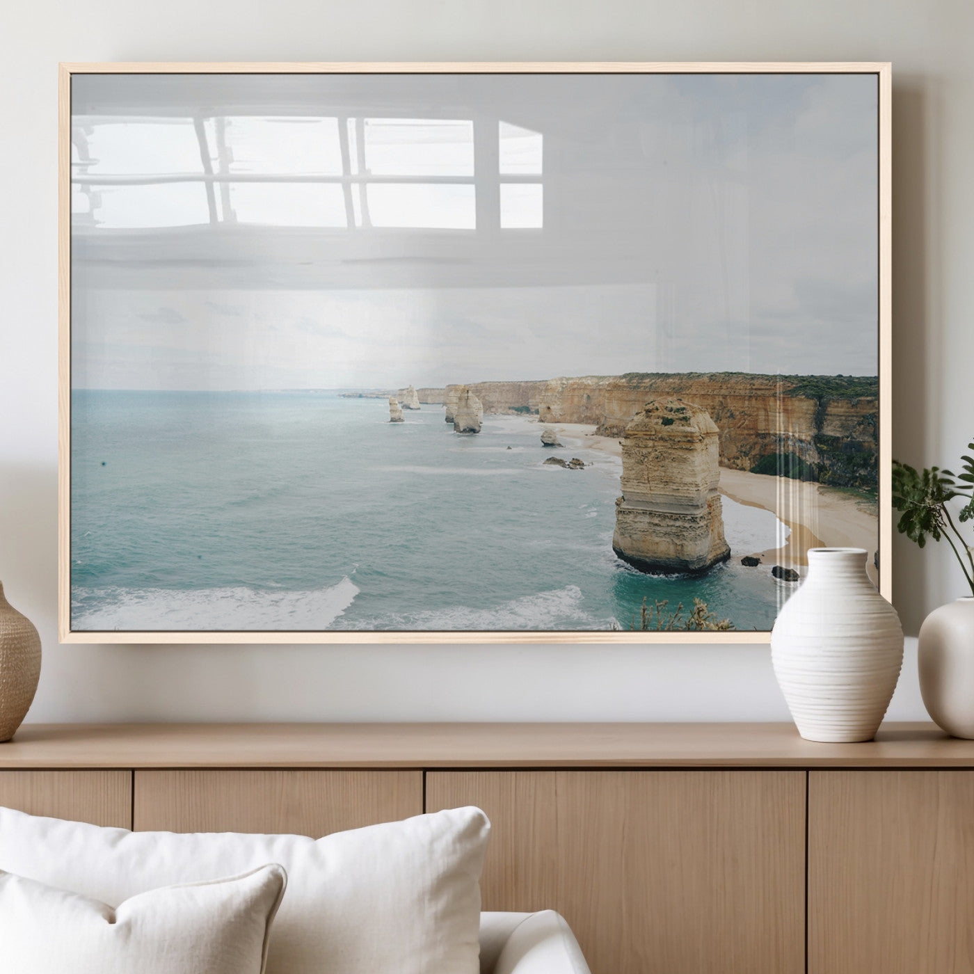 70095633-MGV-FP-36X24-3P_Natural-Twelve Apostles Wall Art Canvas Print, Framed Coastal Cliffs Art Picture Print, Rugged Rock Formations Perfect Minimalist Coastal