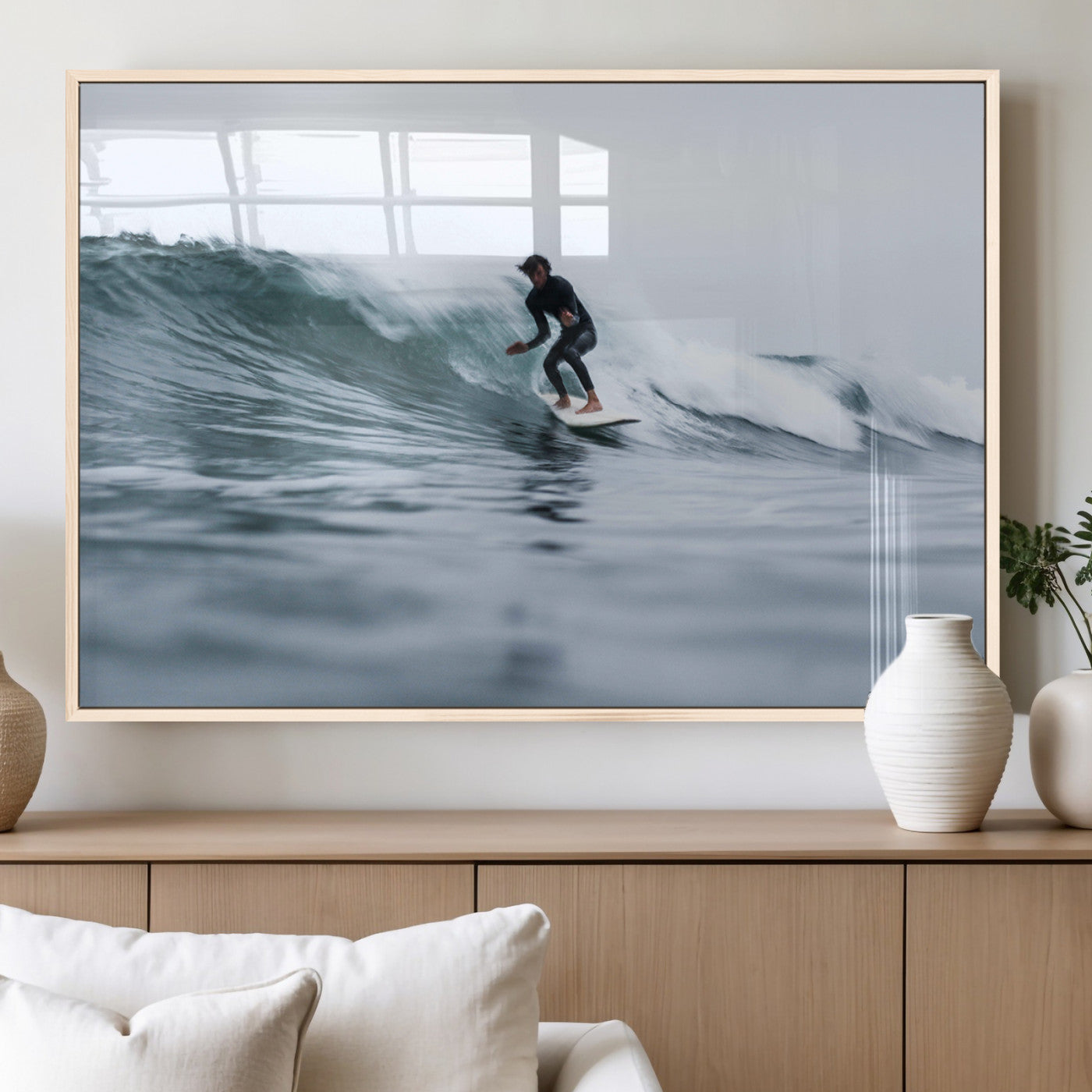 11693607-MGV-FP-36X24-3P_Natural-Surfer on Wave Wall Art Canvas Print, Framed Ocean Adventure Art Picture Print, Motion Blur Water Perfect Coastal Adventure Decor
