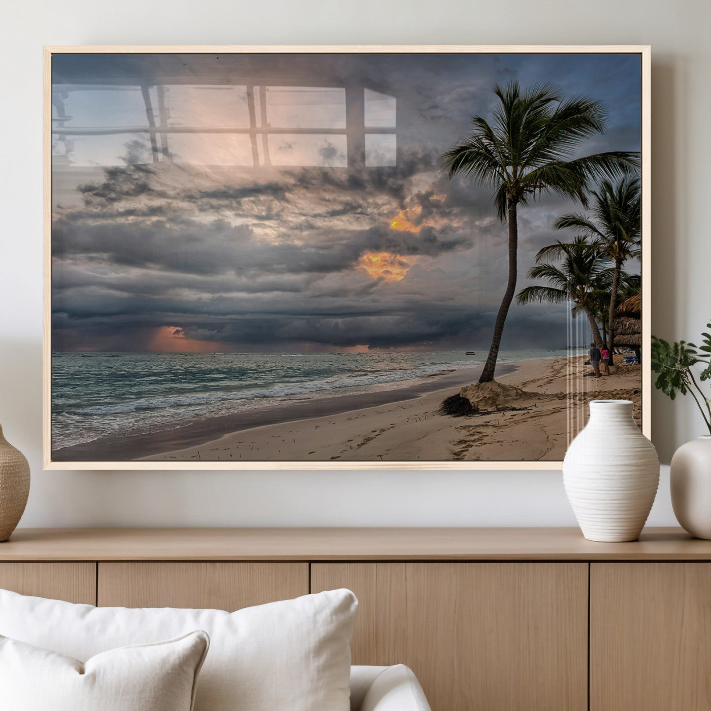 62574547-MGV-FP-36X24-3P_Natural-Tropical Storm Wall Art Canvas Print, Framed Moody Beach Art Picture Print, Dramatic Sky Perfect Tropical Coastal Decor Artwork