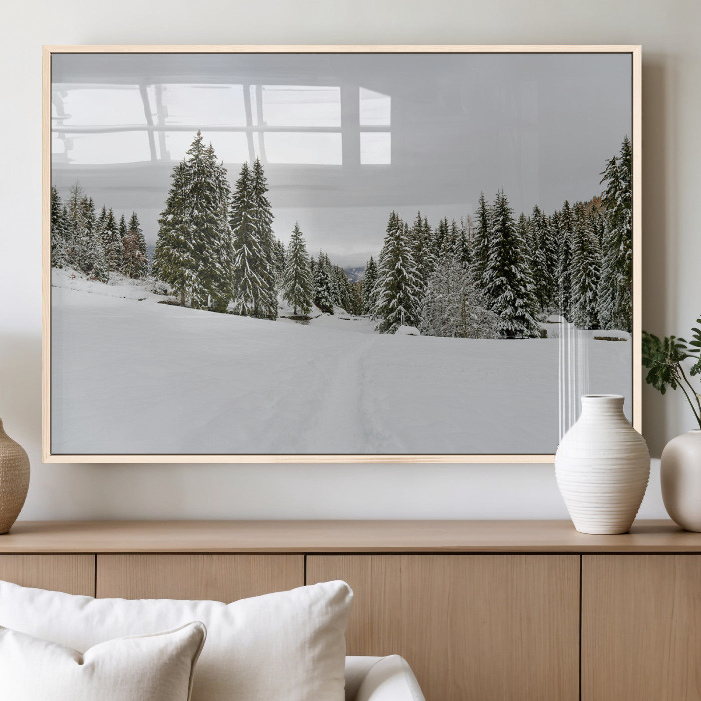 24581417-MGV-FP-36X24-3P_Natural-Frosty Pines Wall Art Canvas Print, Framed Silent Snowfall Art Picture Print, Cozy Cabin Vibes Perfect Nordic Minimalist Decor