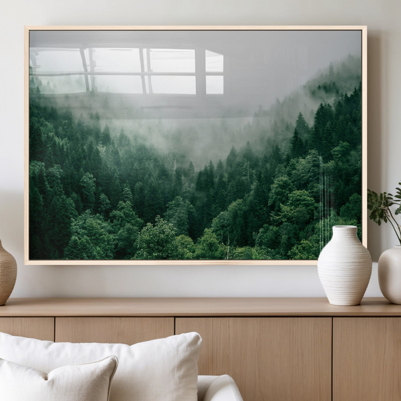 45265379-MGV-FP-36X24-3P_Natural-Misty Forest Wall Art – Green Mountain Pine Tree Landscape Canvas Print, Nature Photography Artwork Home Decor for Bedroom, Living