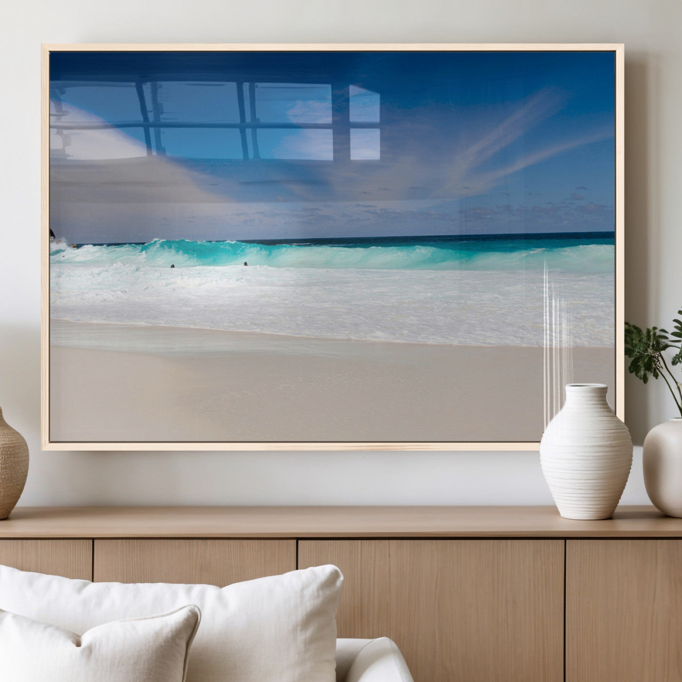 55017356-MGV-FP-36X24-3P_Natural-Ocean Beach Wall Art – Turquoise Wave and White Sand Shoreline Canvas Print, Coastal Seascape Photography Decor for Living Room,