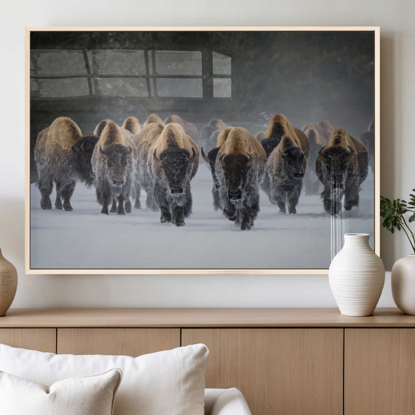 30332489-MGV-FP-36X24-3P_Natural-Winter Bison Herd Wall Art – Powerful Buffalo Canvas Print, Rustic Wildlife Photography Decor for Farmhouse, Cabin, Lodge, Living