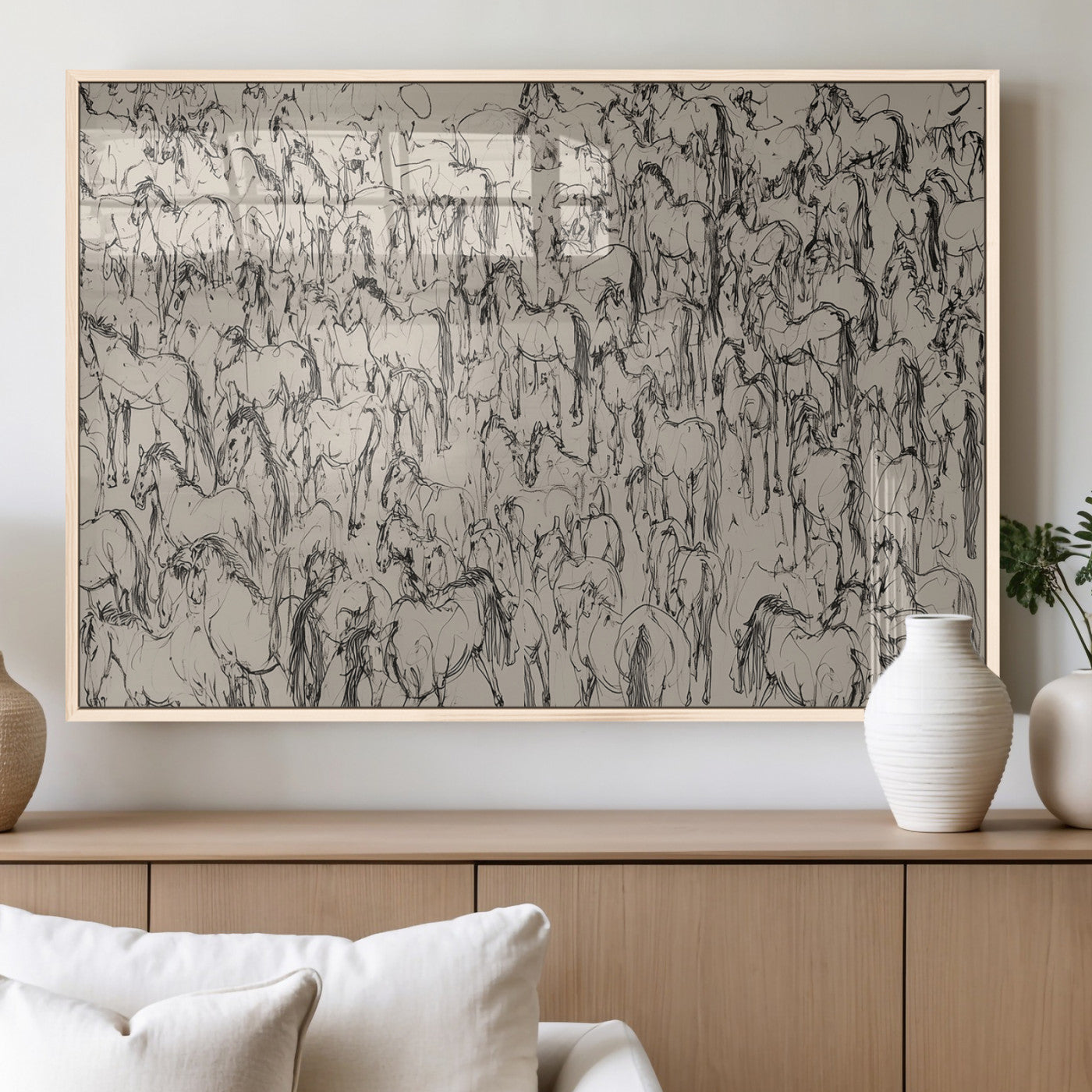 12358908-MGV-FP-36X24-3P_Natural-Horse Herd Sketch Wall Art – Abstract Wild Horses Line Drawing Canvas Print, Rustic Western Style Equestrian Decor for Living