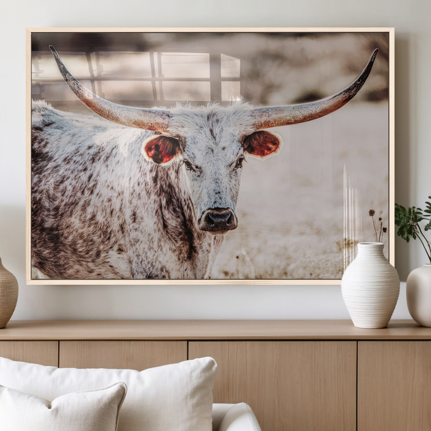 72388892-MGV-FP-36X24-3P_Natural-Texas Longhorn Wall Art – Rustic Western Canvas Print, Cowboy Style Farmhouse Bull Artwork for Living Room, Ranch, Office or Man