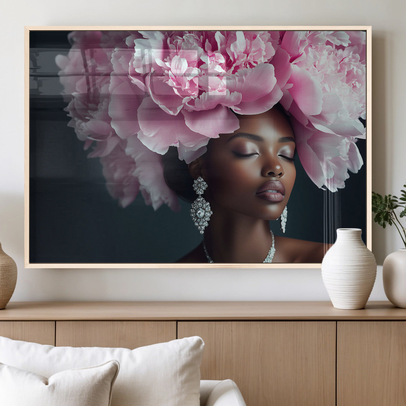 35482880-MGV-FP-36X24-3P_Natural-Floral Portrait Wall Art – Elegant Woman with Pink Peony Headpiece Canvas Print, Luxury Fashion Inspired Artwork, Modern Glam