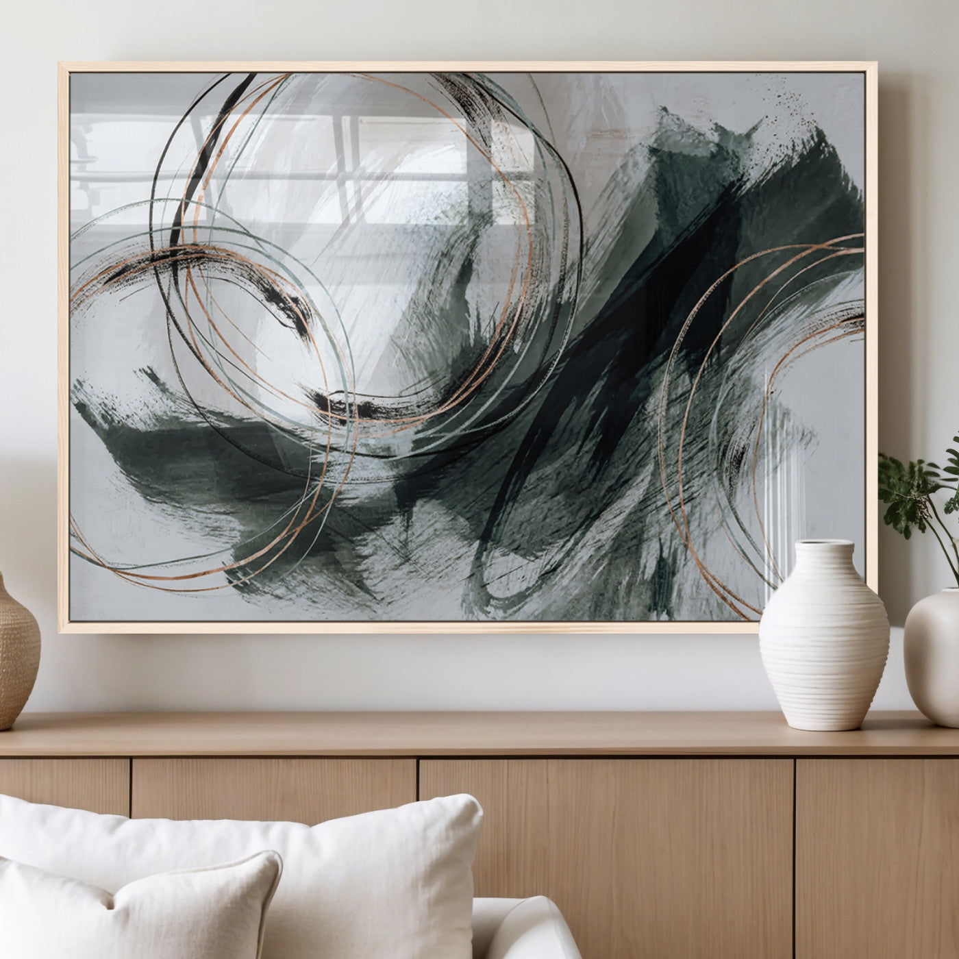 86583265-SEG-FC-90X60_Oversize_Oversize-Black and Gray Abstract Wall Art – Modern Copper Circle Canvas Print, Contemporary Minimalist Painting for Living Room, Bedroom,