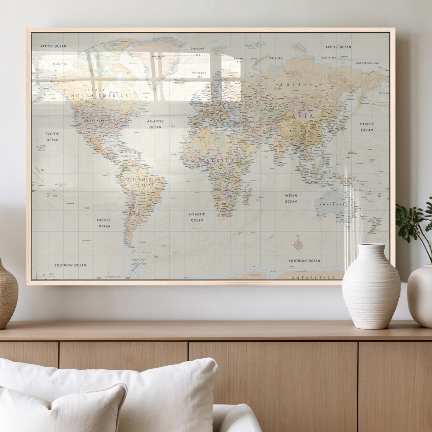 40660043-MGV-FP-36X24-3P_Natural-World Map Wall Art – Large Detailed Atlas Style Map Print with Countries, Cities, and Oceans, Neutral Beige and Tan Educational