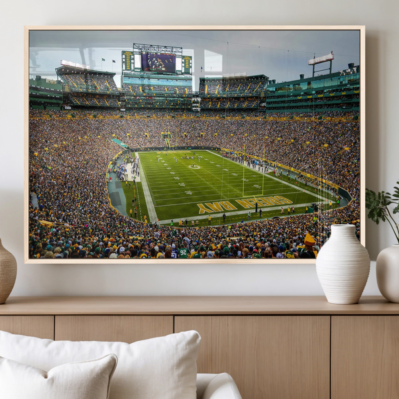 96617112-MGV-FP-36X24-3P_Natural-Lambeau Field Wall Art – Green Bay Packers NFL Football Stadium Canvas Print – Game Day Crowd Sports Decor for Man Cave, Bar, or