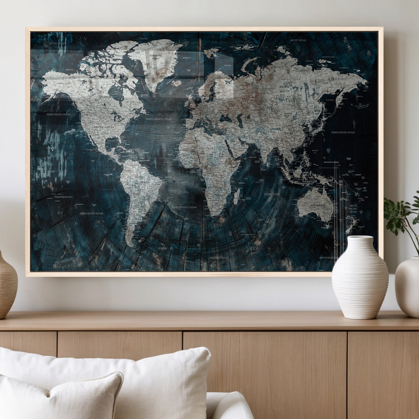 34425609-MGV-FP-36X24-3P_Natural-World Map Wall Art – Rustic Navy and Grey Atlas Canvas Print, Distressed Explorer Map Artwork, Industrial Style Decor for Office,