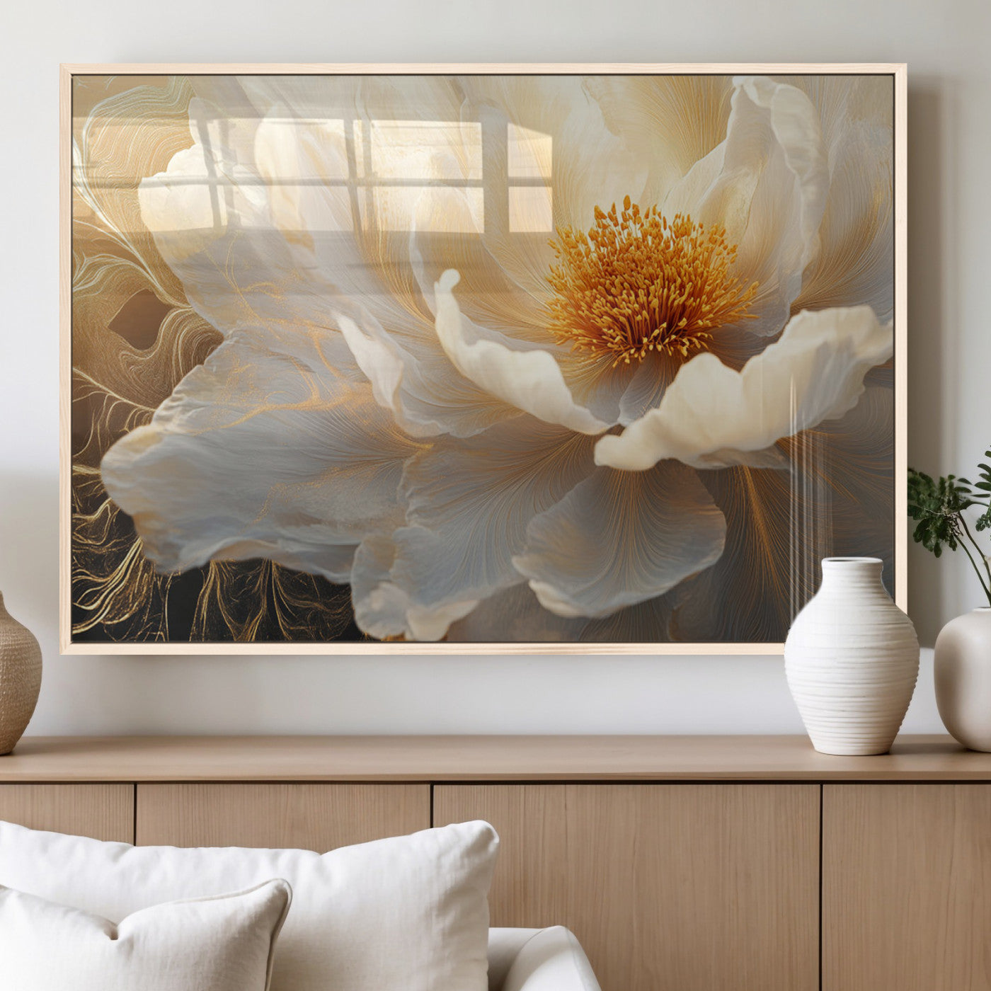 29539087-MGV-FP-36X24-3P_Natural-Floral Wall Art – Elegant White and Gold Bloom Canvas Print, Romantic Modern Flower Artwork for Bedroom, Living Room, or Office