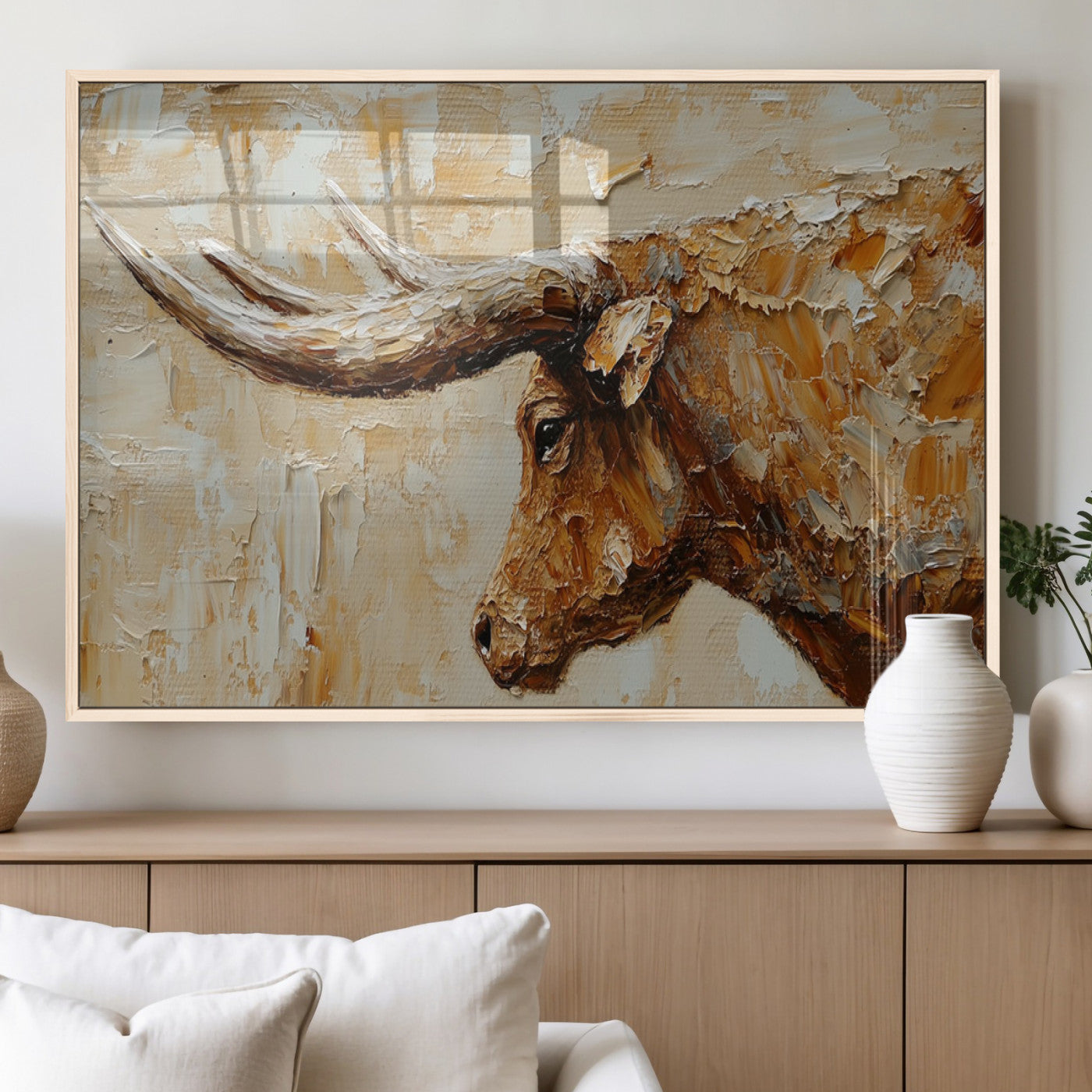 69611428-MGV-FP-36X24-3P_Natural-Longhorn Bull Wall Art – Rustic Western Canvas Print, Textured Farmhouse Cattle Painting for Living Room, Office, or Ranch House