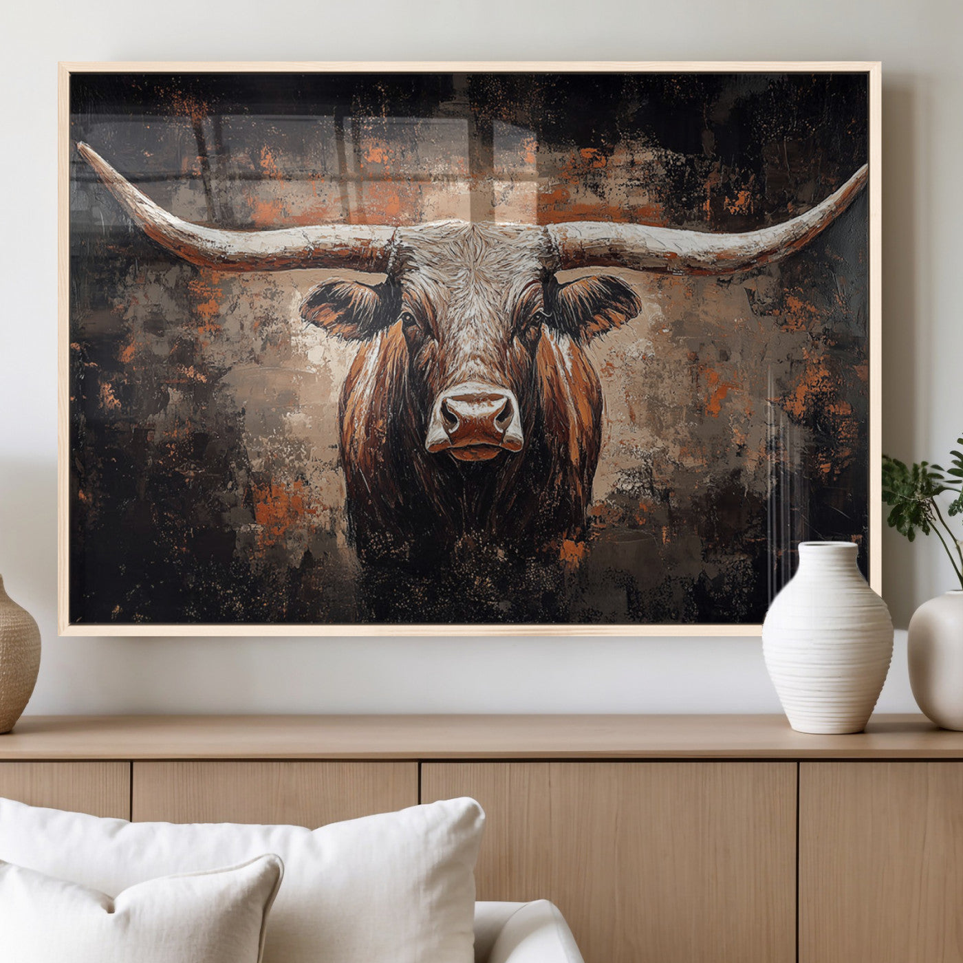 24779067-MGV-FP-36X24-3P_Natural-Longhorn Bull Wall Art – Western Rustic Canvas Print, Bold Cowboy Cattle Painting for Ranch House, Farmhouse, Office, or Living