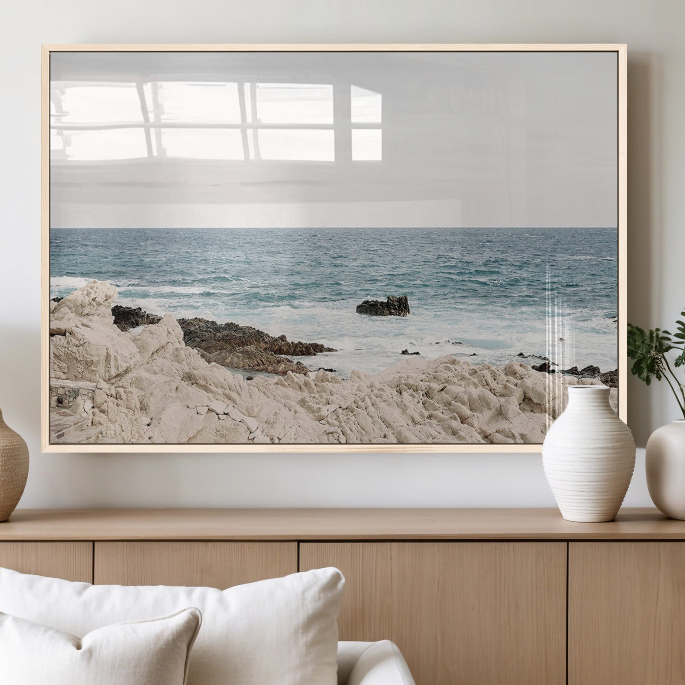 25481980-MGV-FP-36X24-3P_Natural-Ocean Coastal Wall Art – Rocky Shoreline and Waves Canvas Print, Serene Beach Landscape Decor for Living Room, Bedroom, or Office