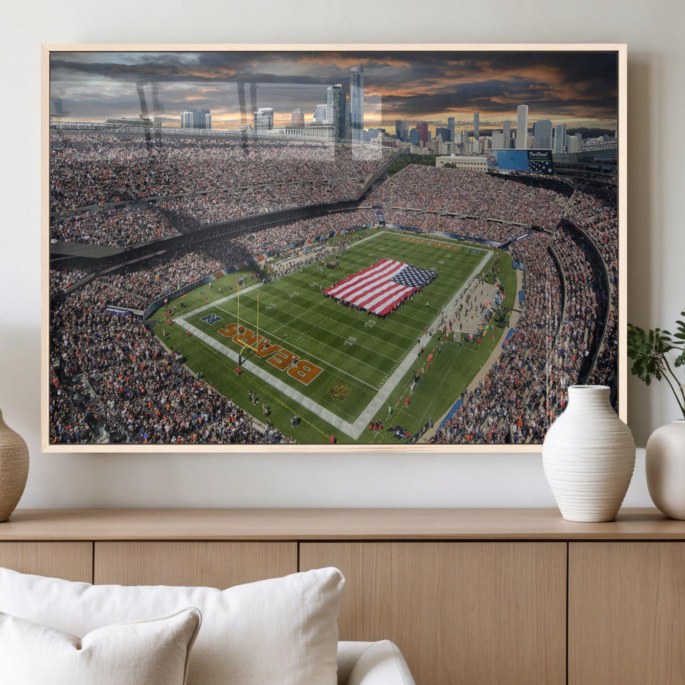 98106777-MGV-FP-36X24-3P_Natural-Soldier Field Wall Art – Chicago Bears Stadium Canvas Print with American Flag, Game Day Football Decor for Man Cave, Bar, or