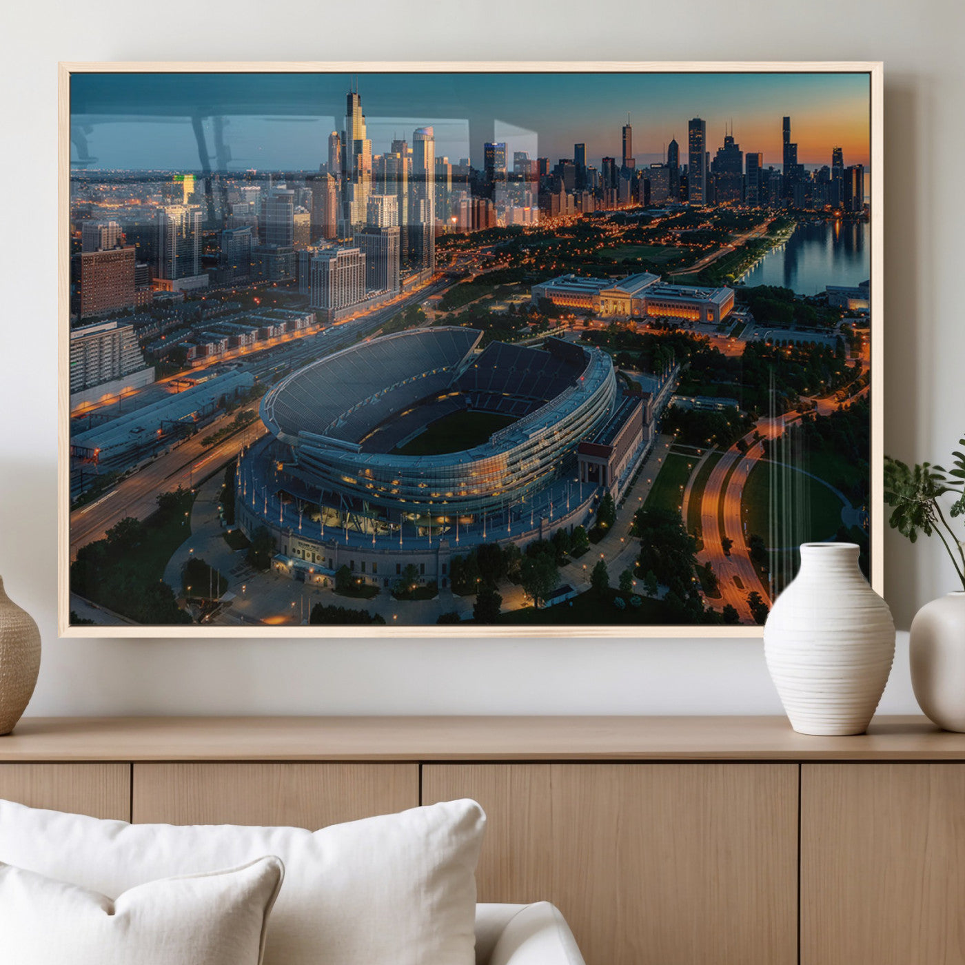 36690345-MGV-FP-36X24-3P_Natural-Soldier Field Wall Art – Chicago Bears Stadium Aerial Night Canvas Print, City Skyline Football Decor for Living Room, Office, or