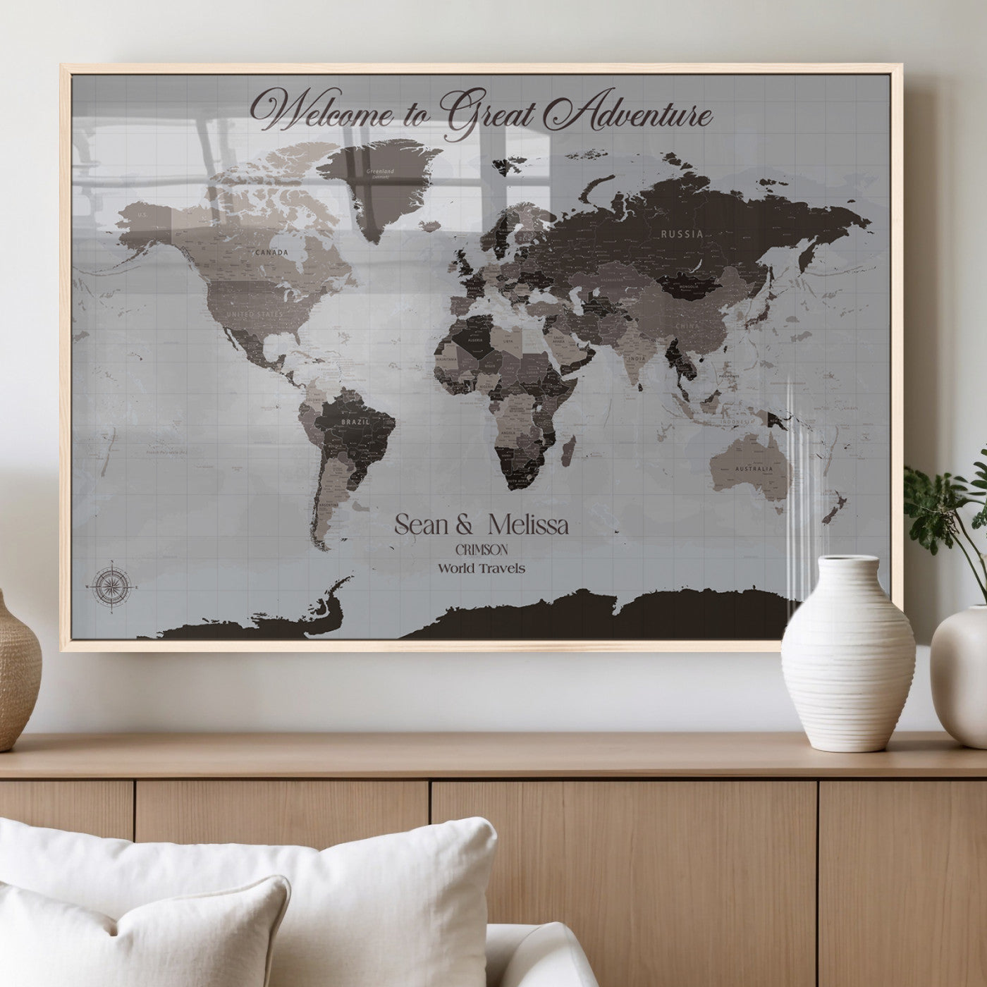 43749658-MGV-FP-36X24-3P_Natural-Welcome to Great Adventure World Map Wall Art – Charcoal Gray Canvas Print, Rustic Travel Decor for Living Room, Study, Office or