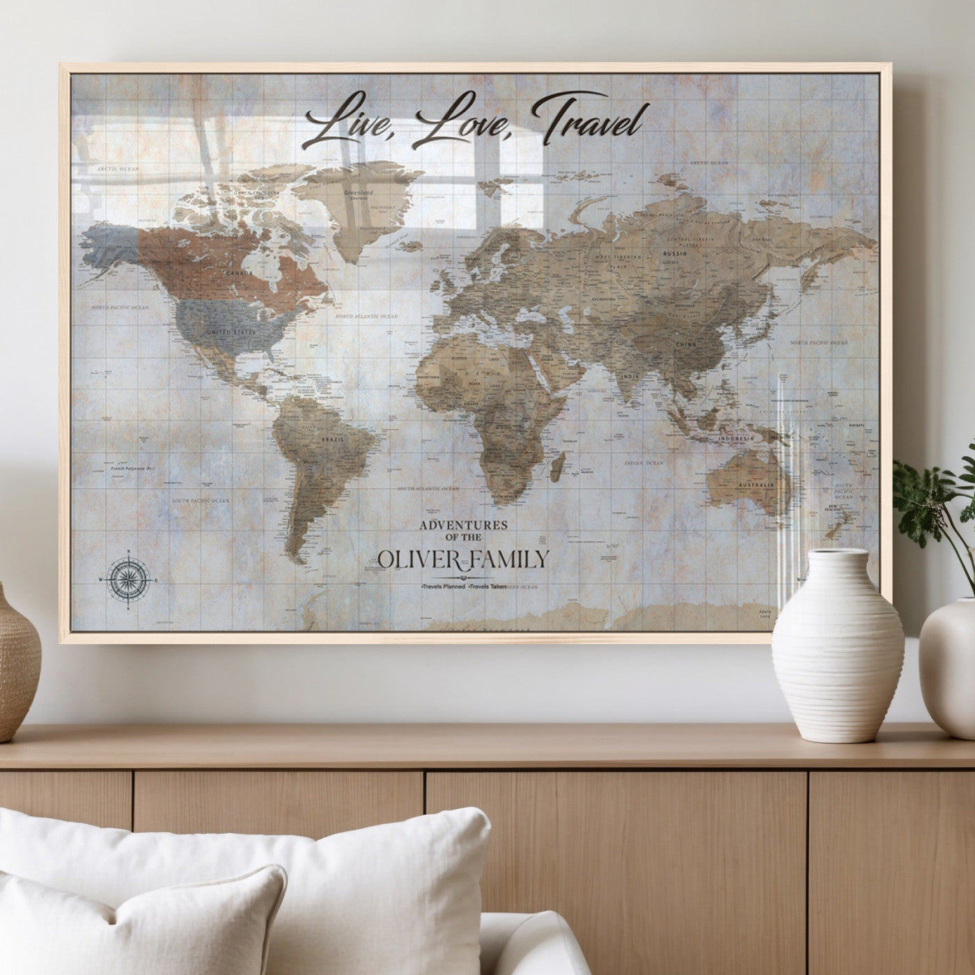 43924907-MGV-FP-36X24-3P_Natural-Live Love Travel Wall Art – Neutral World Map Canvas Print, Rustic Adventure Decor for Home, Office or Living Room, Unique Gift