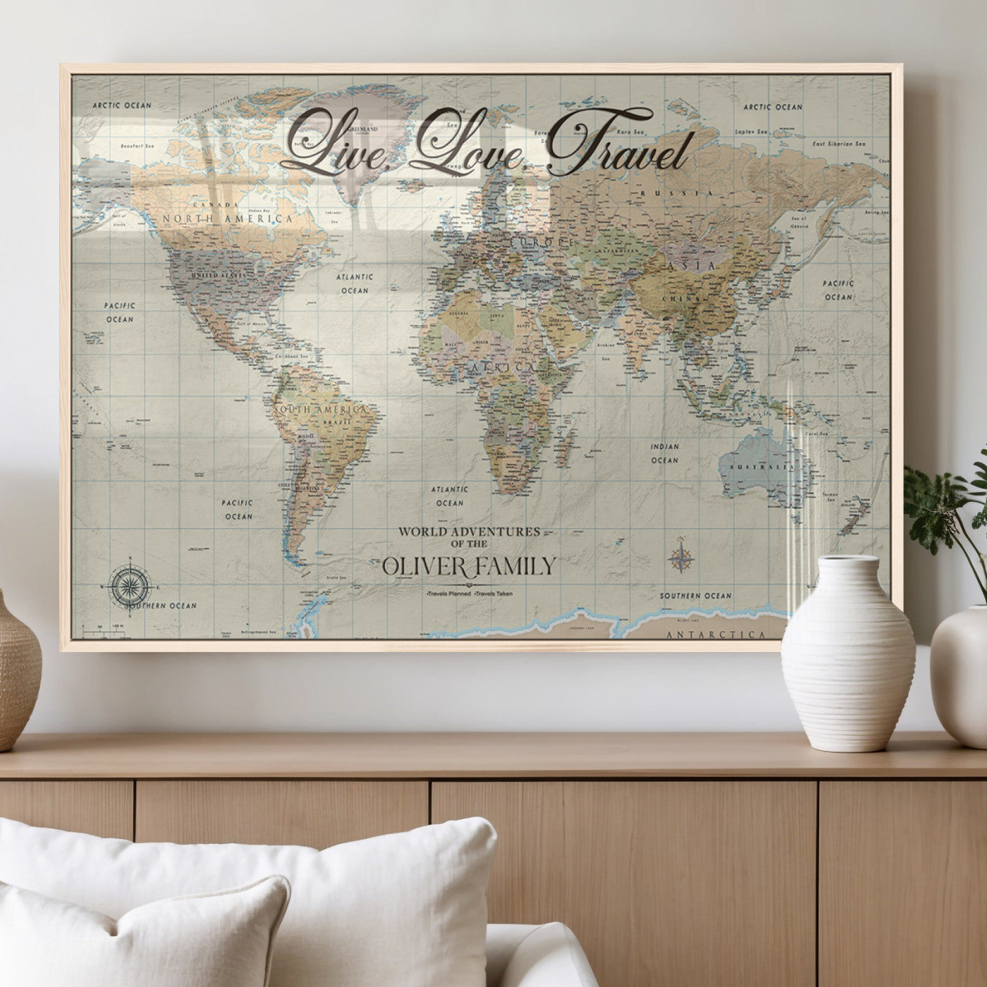 19479008-MGV-FP-36X24-3P_Natural-Live Love Travel Wall Art – Detailed World Map Canvas Print, Adventure Decor for Living Room, Office or Bedroom, Travel Gift for